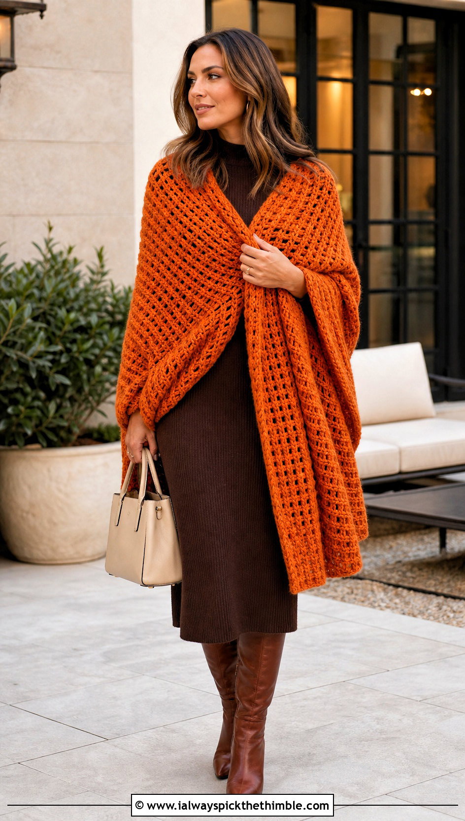 Oversized Waffle Crochet Blanket Shawl With Knit Dress - 15 Waffle Crochet Shawl outfit ideas