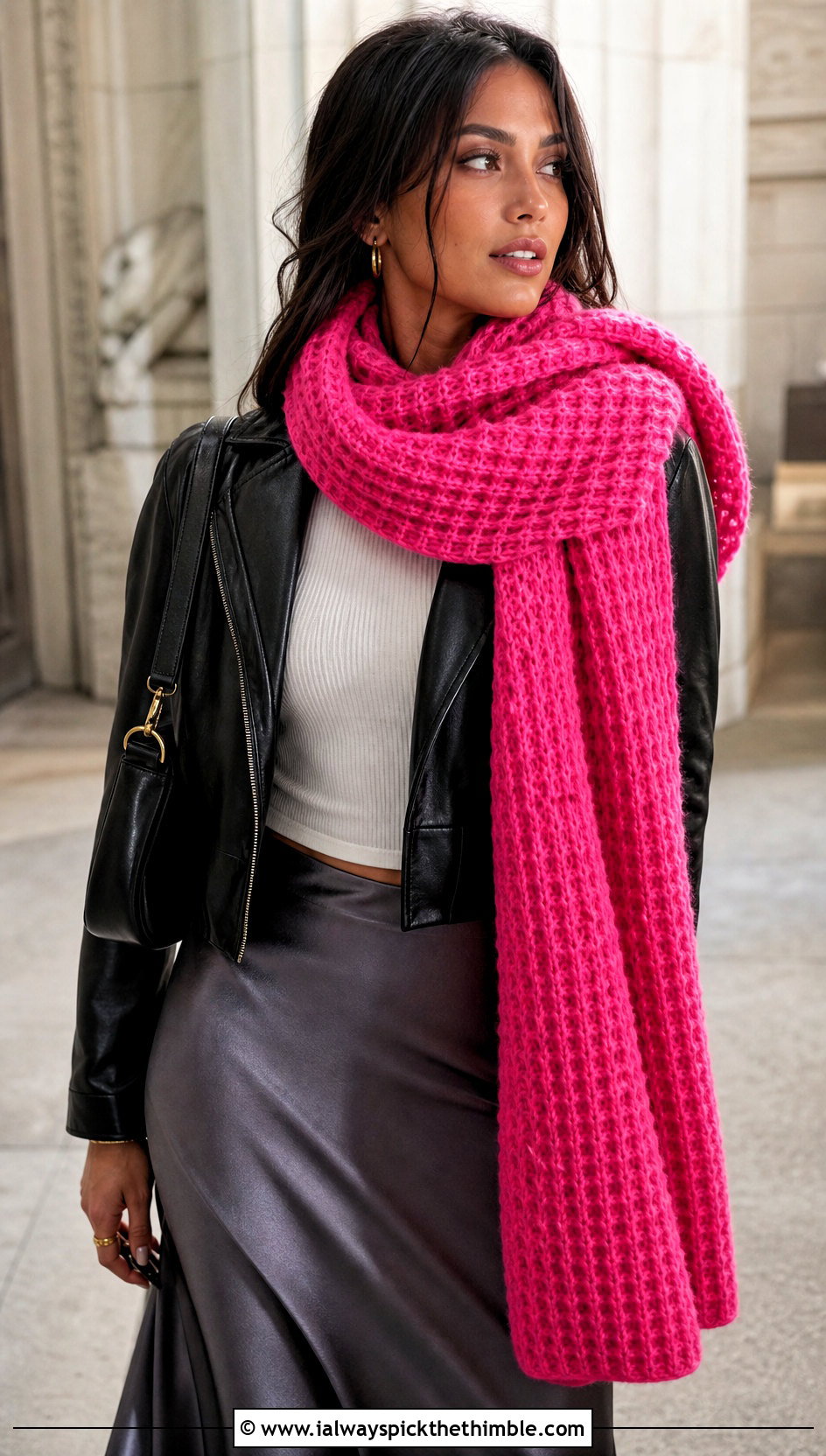 Oversized Waffle Crochet Scarf With Leather Jacket And Midi Skirt - 20 Waffle Crochet Scarf outfit ideas