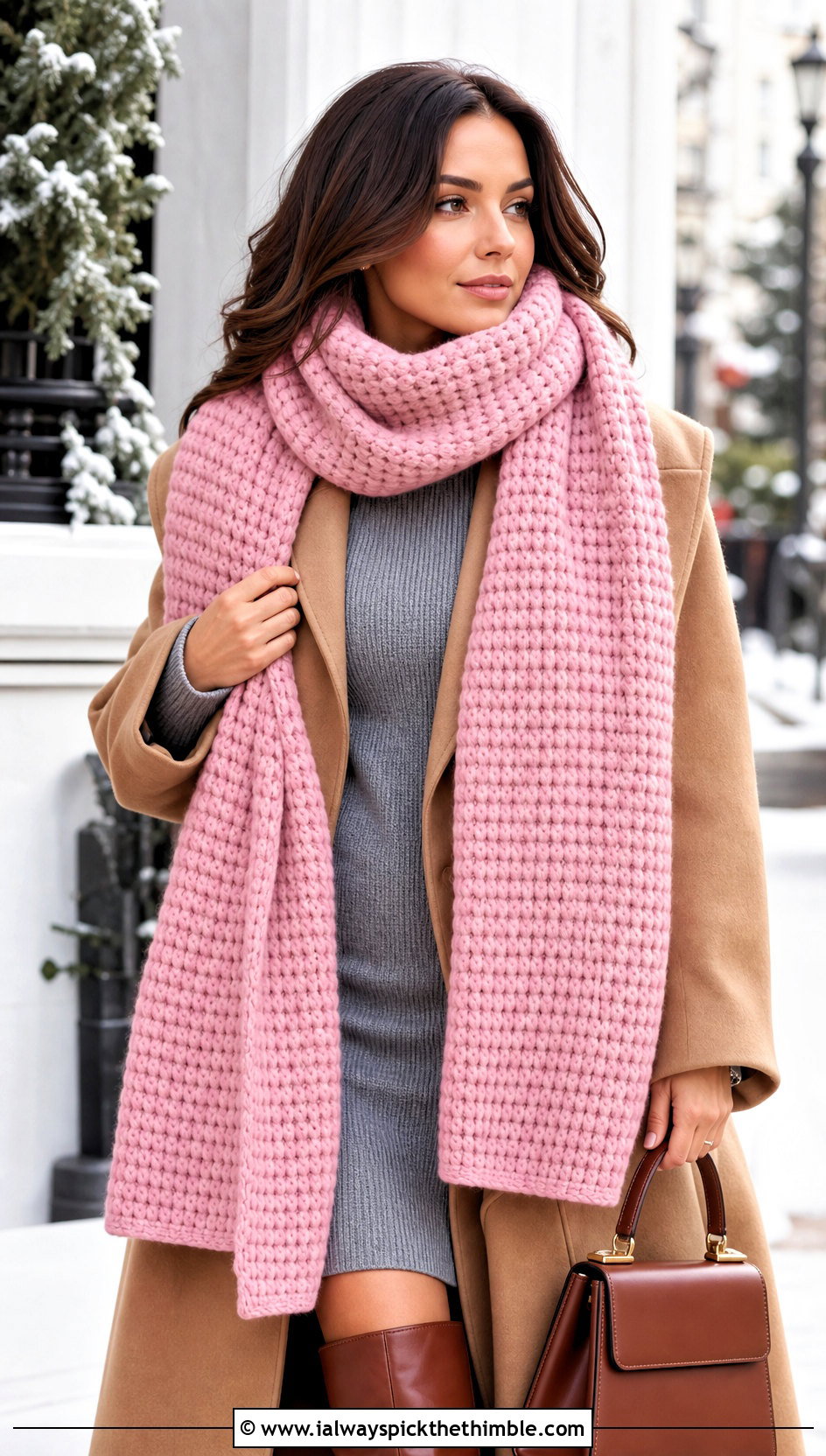 Oversized Waffle Stitch Crochet Blanket Scarf With Sweater Dress - 20 waffle stitch crochet scarf outfit ideas