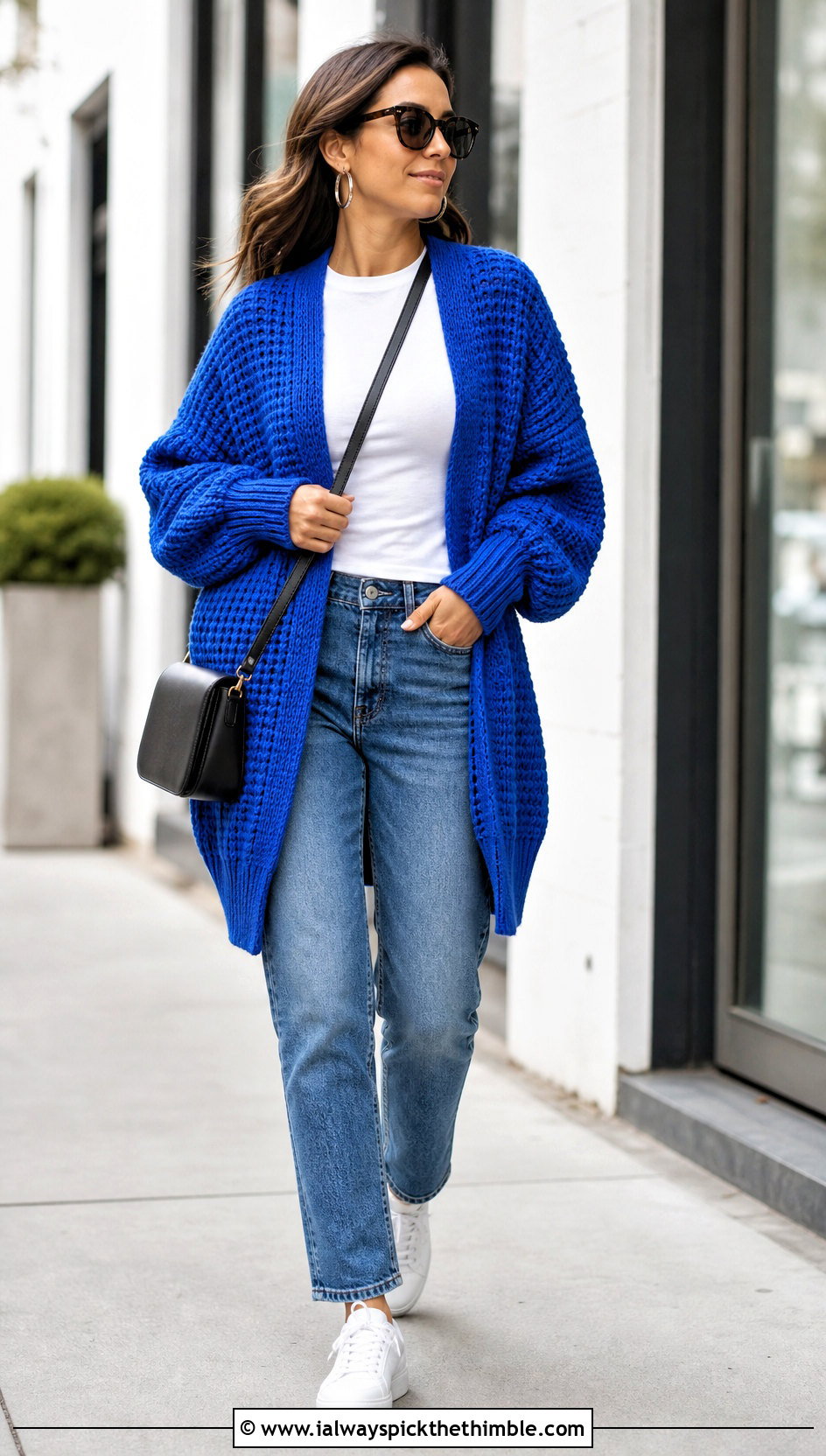 Oversized Waffle Stitch Crochet Cardigan With Straight Leg Jeans - 20 crochet waffle stitch cardigan outfit ideas