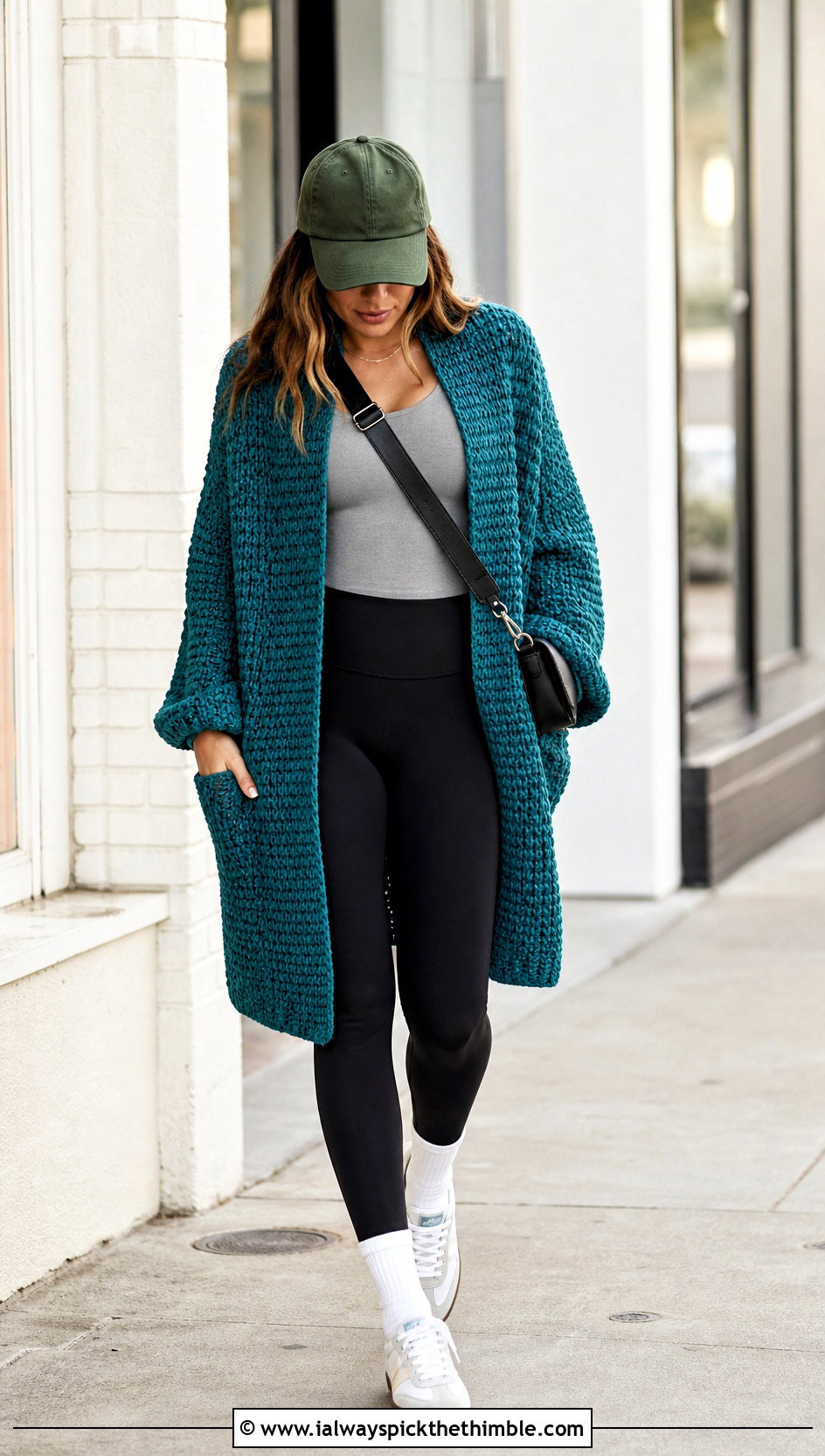 Oversized Waffle Stitch Crochet Fall Cardigan With Leggings - 25 crochet fall cardigan outfit ideas