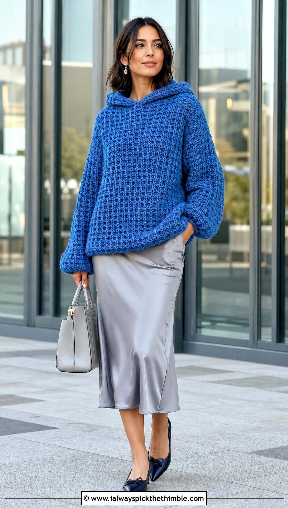 Oversized Waffle Stitch Crochet Hoodie With Satin Skirt - 20 oversized crochet hoodie outfit ideas