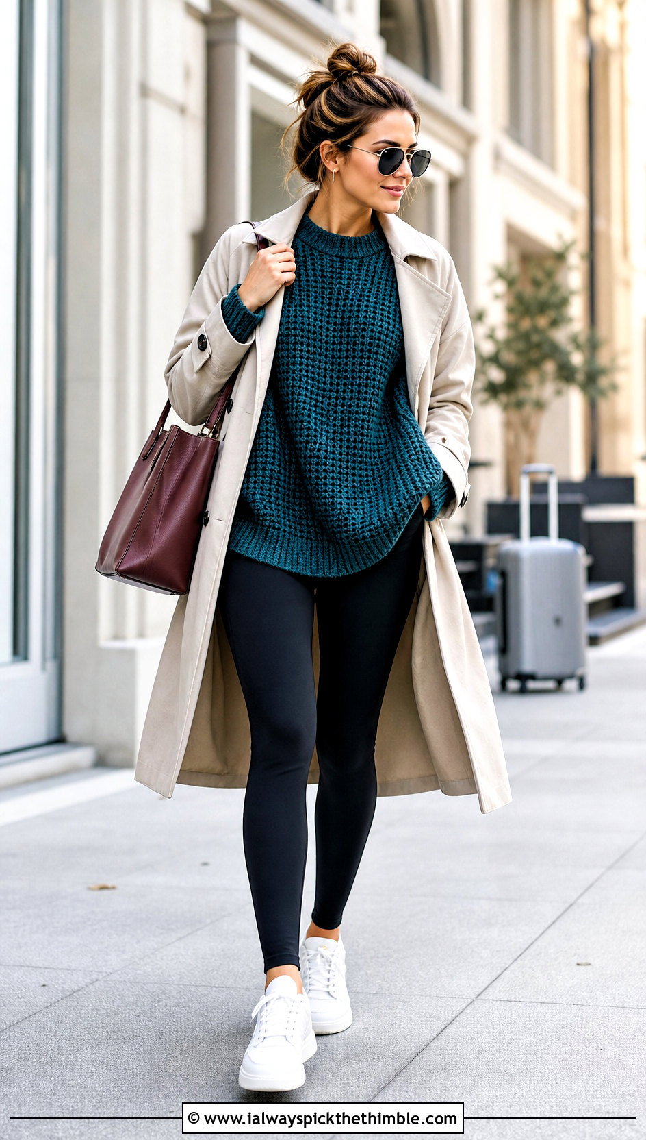 Oversized Waffle Stitch Crochet Sweater With Leggings And Trench Coat - 20 waffle stitch crochet sweater outfit ideas