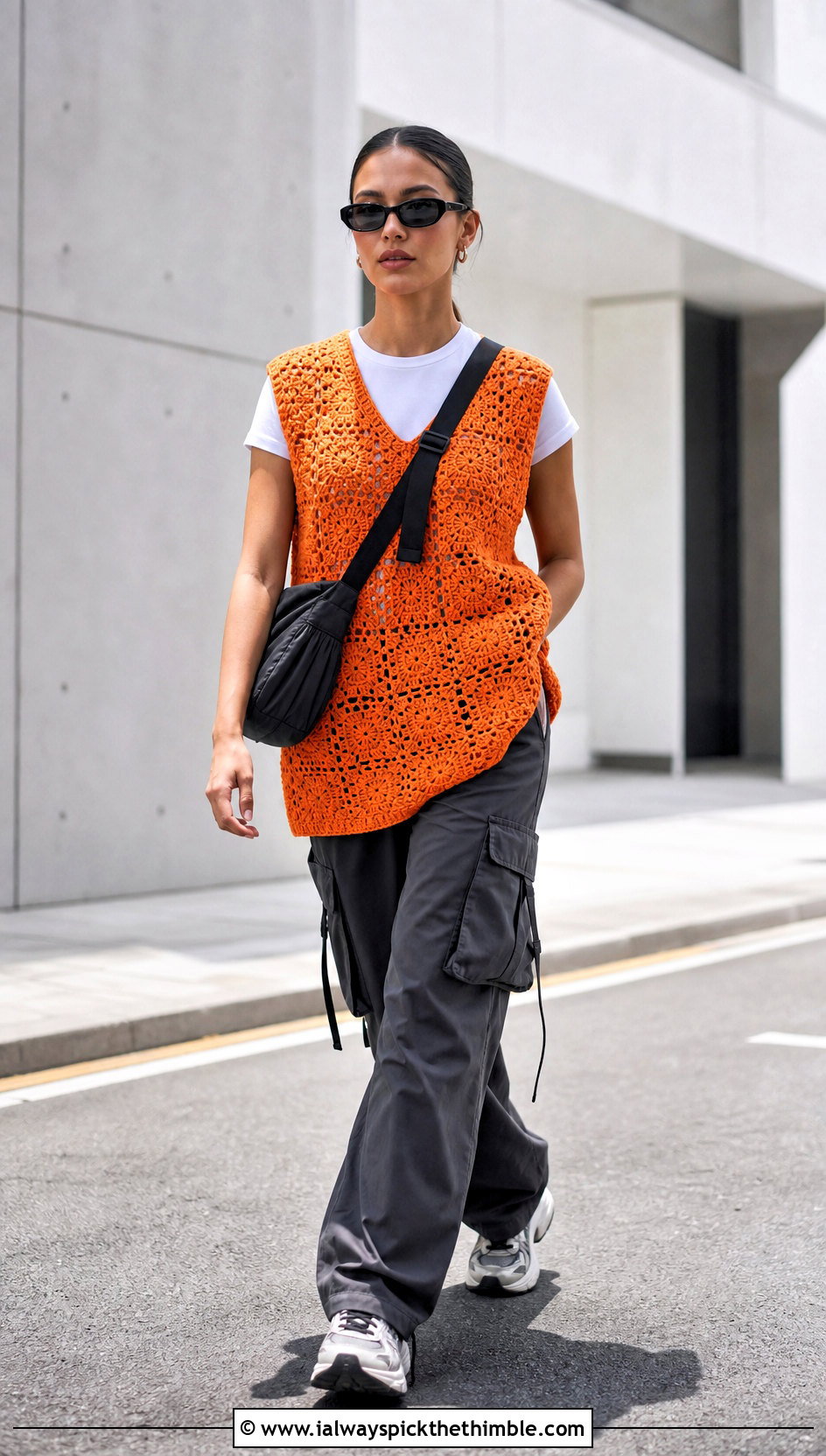 Oversized Wednesday Crochet Vest With Cargo Pants - 20 wednesday crochet vest outfit ideas
