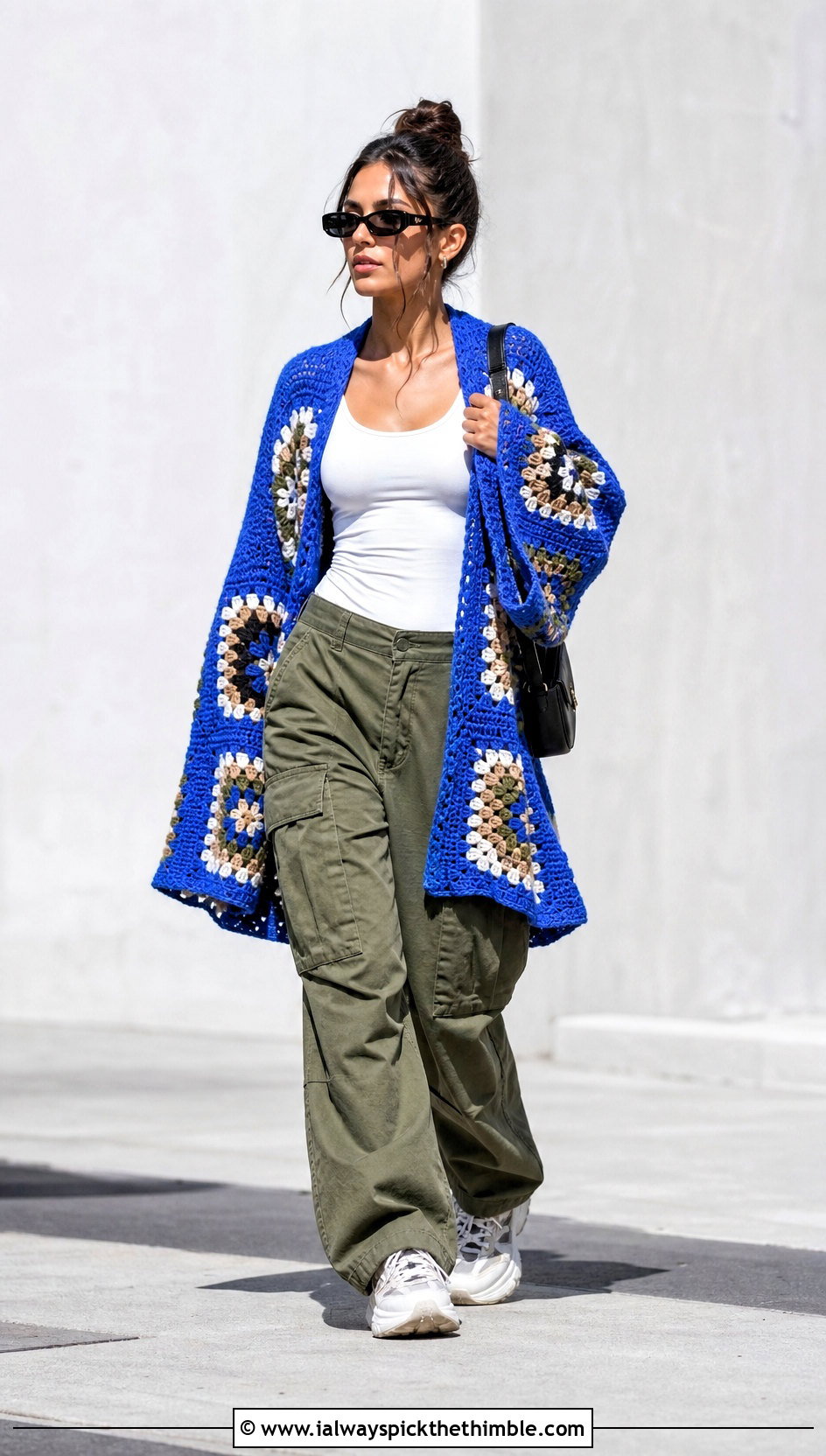Oversized Wide Sleeve Granny Square Kimono With Cargo Pants - 15 crochet granny square kimono outfit ideas