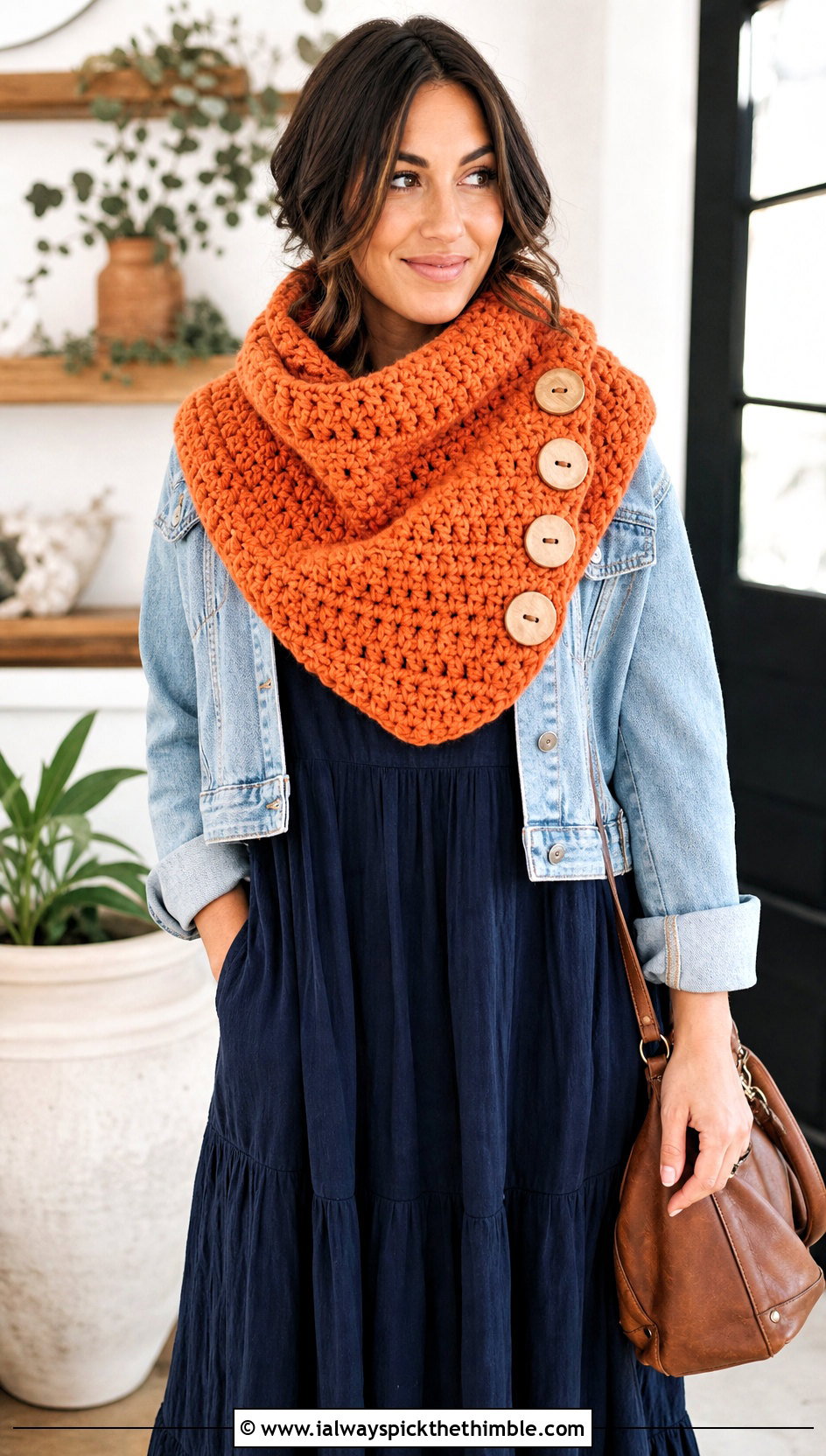 Oversized Wooden Button Cowl With Maxi Dress - 20 crochet button cowl outfit ideas