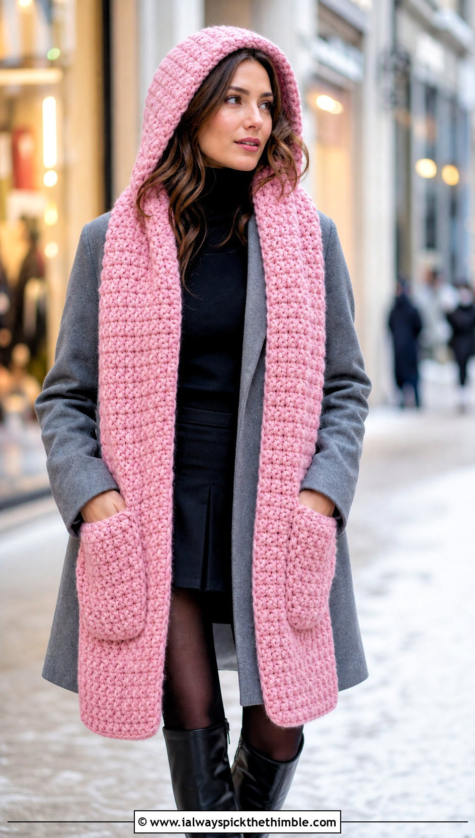 Oversized Woodland Hooded Crochet Scarf With Mini Skirt And Boots - 15 Woodland Hooded Crochet Scarf outfit ideas