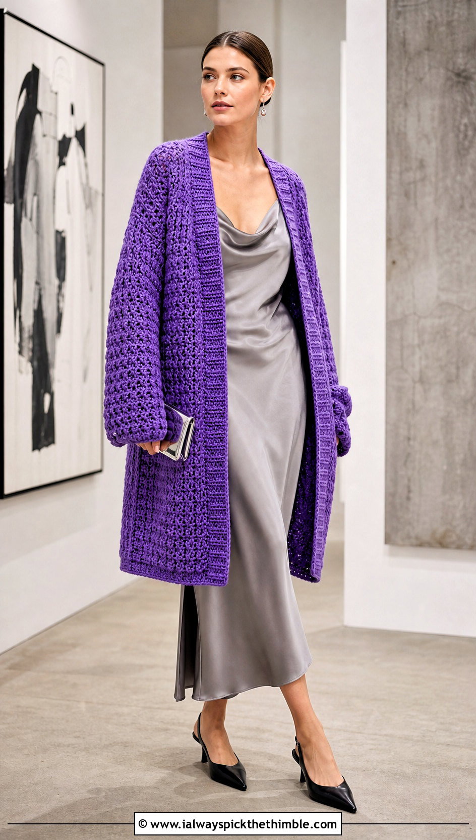 Oversized Worsted Weight Crochet Cardigan With Satin Slip Dress - 20 Worsted Weight Crochet Cardigan outfit ideas