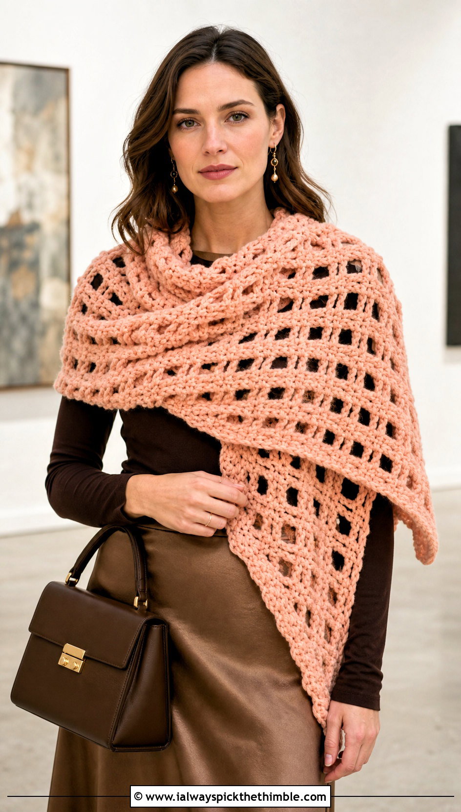 Oversized Wrap Crochet Windowpane Scarf With Satin Skirt - 15 crochet windowpane scarf outfit ideas
