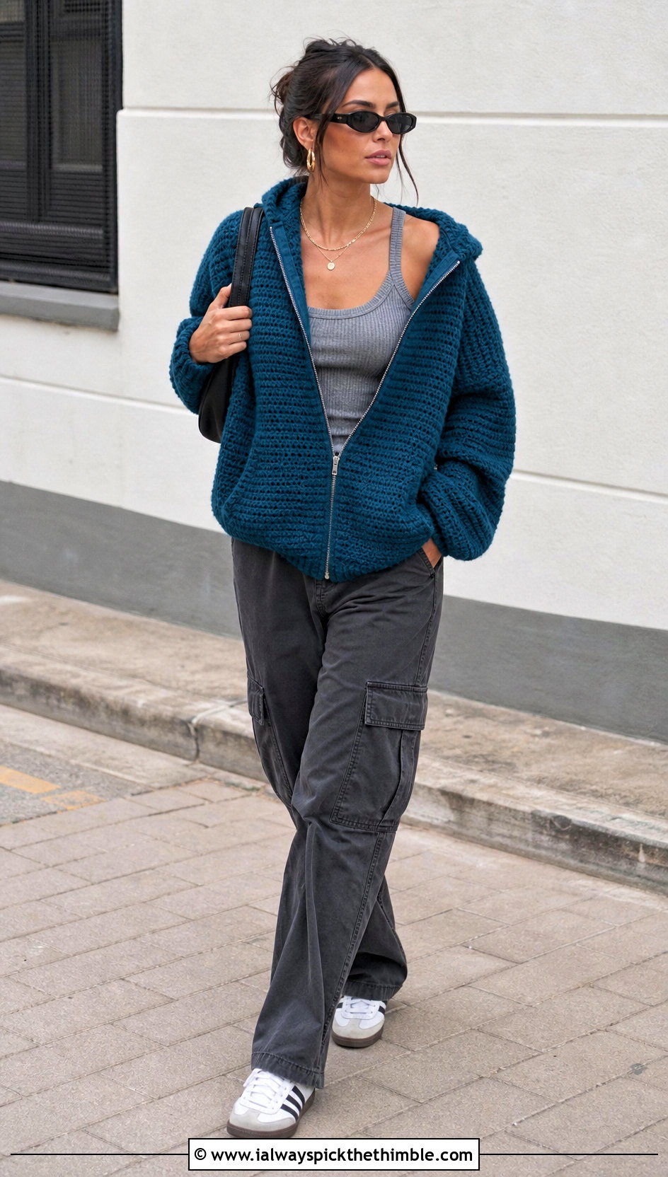 Oversized Zip Up Crochet Hoodie With Cargo Pants - 20 oversized crochet hoodie outfit ideas
