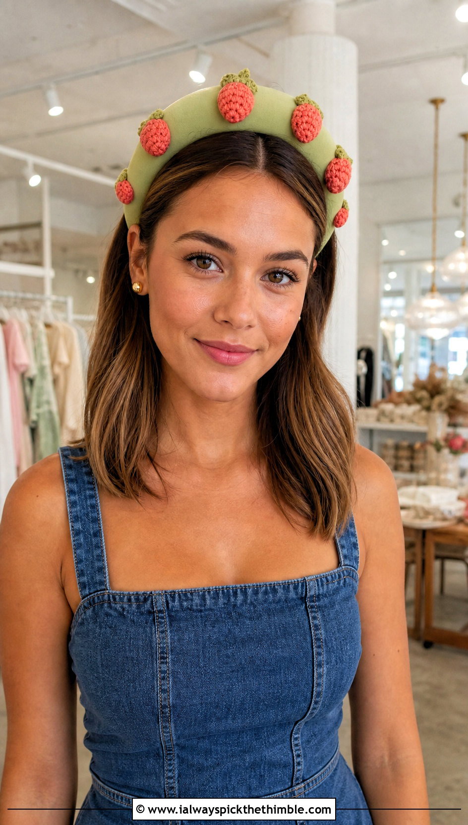 Padded Strawberry Headband With Denim Mini Dress - 25 Crochet Strawberry Headband outfit ideas