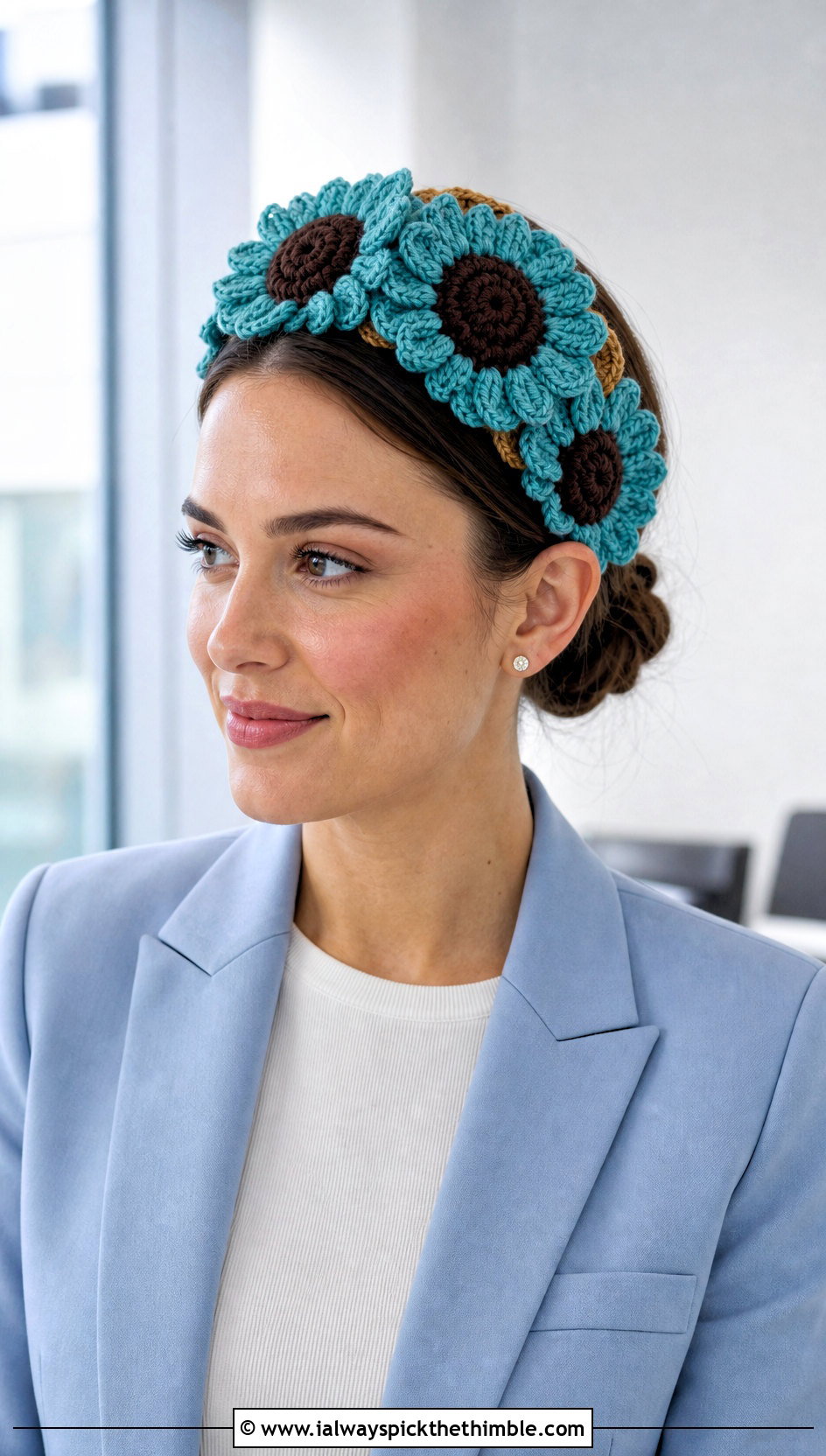 Padded Sunflower Crochet Headband With Tailored Suit - 20 Crochet Sunflower Headband outfit ideas