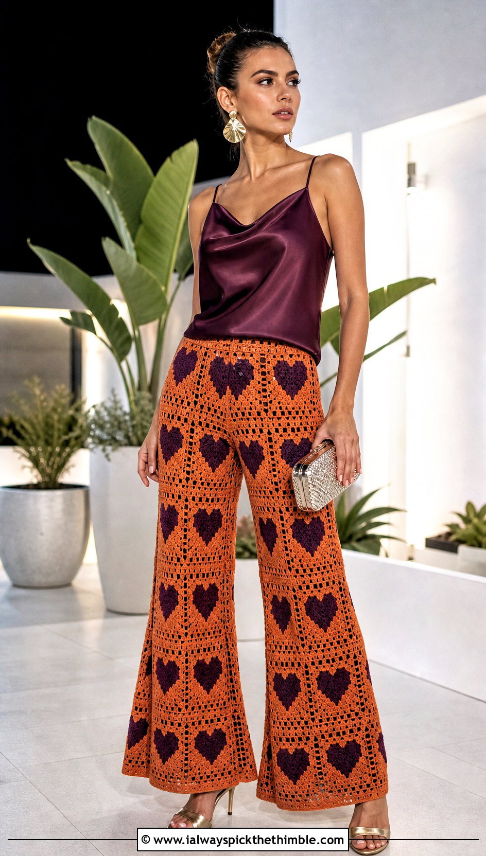 Palazzo Heart Granny Square Pants With Satin Camisole - 20 heart granny square pants outfit ideas