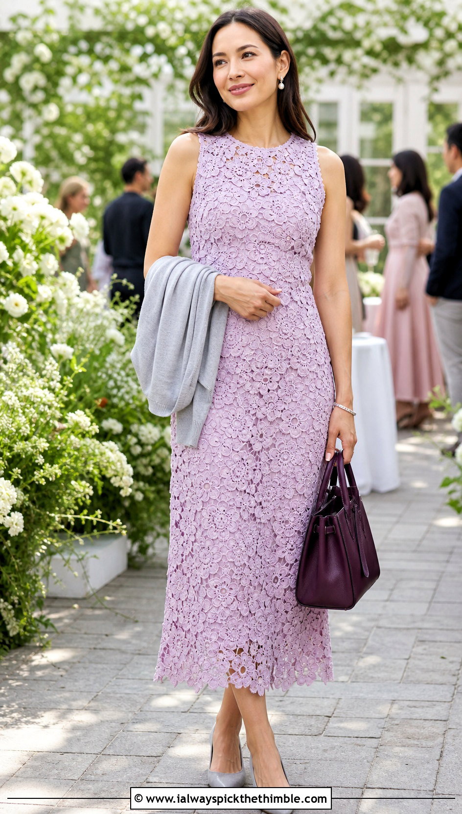 Pale Orchid Floral Crochet Dress With Pointed Flats - 20 pastel crochet dress outfit ideas