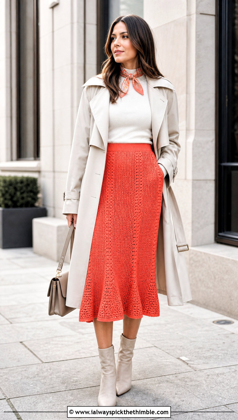 Panel Crochet Midi Skirt With Belted Trench Coat - 20 diy crochet skirt outfit ideas