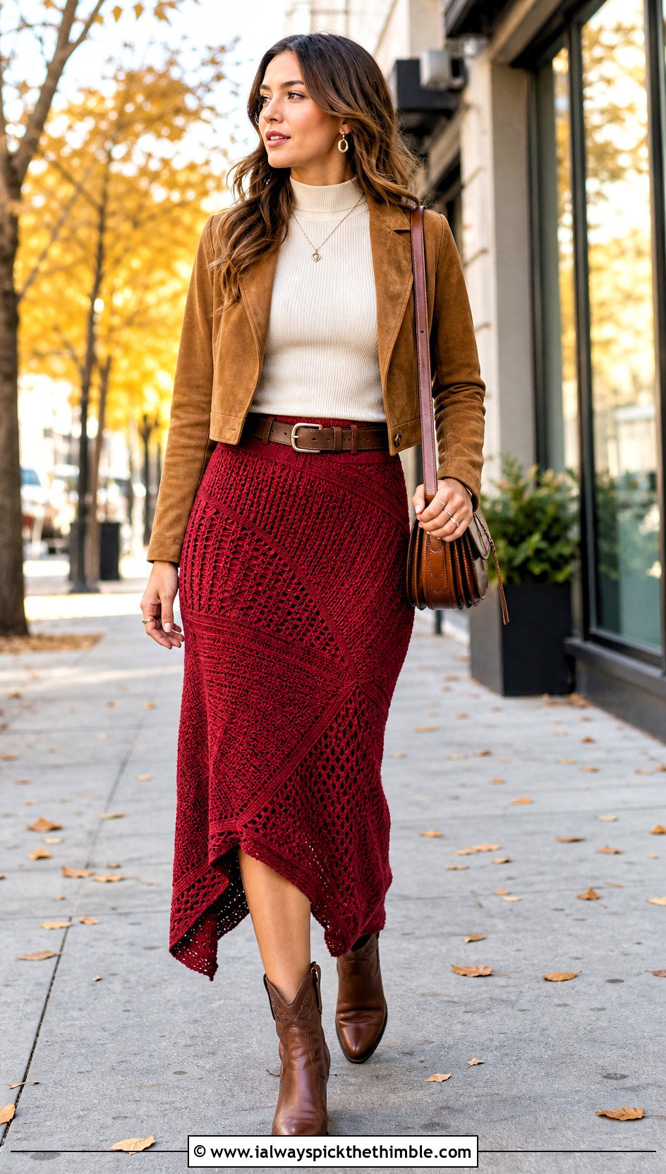 Paneled Crochet Asymmetrical Skirt With Suede Jacket - 20 Crochet Asymmetrical Skirt outfit ideas