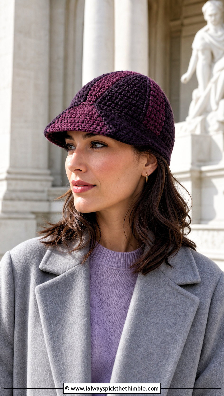 Paneled Peak Brimmed Crochet Beanie With Long Coat - 15 Brimmed Crochet Beanie outfit ideas