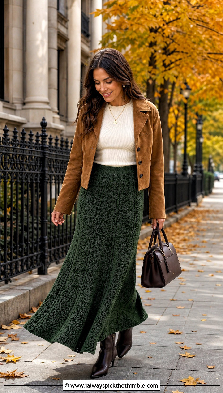 Panelled Crochet Maxi Skirt With Suede Jacket - 25 crochet flowy skirt outfit ideas