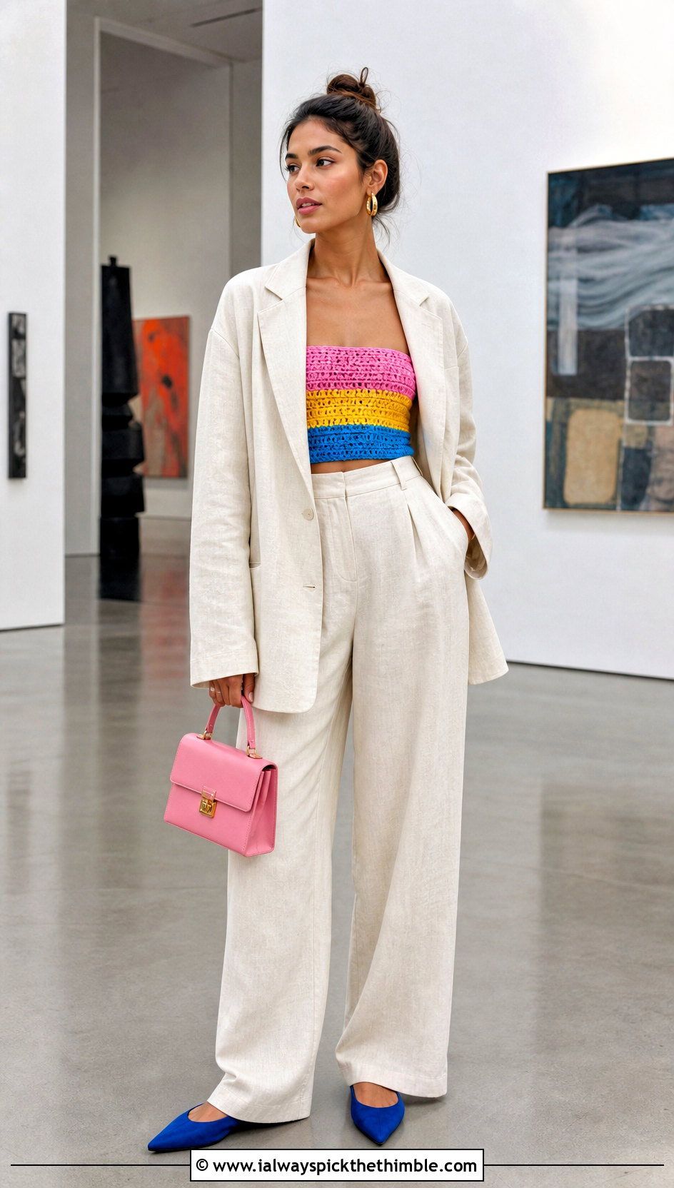 Pansexual Crochet Bandeau Top With Oversized Linen Suit - 25 crochet pride top outfit ideas