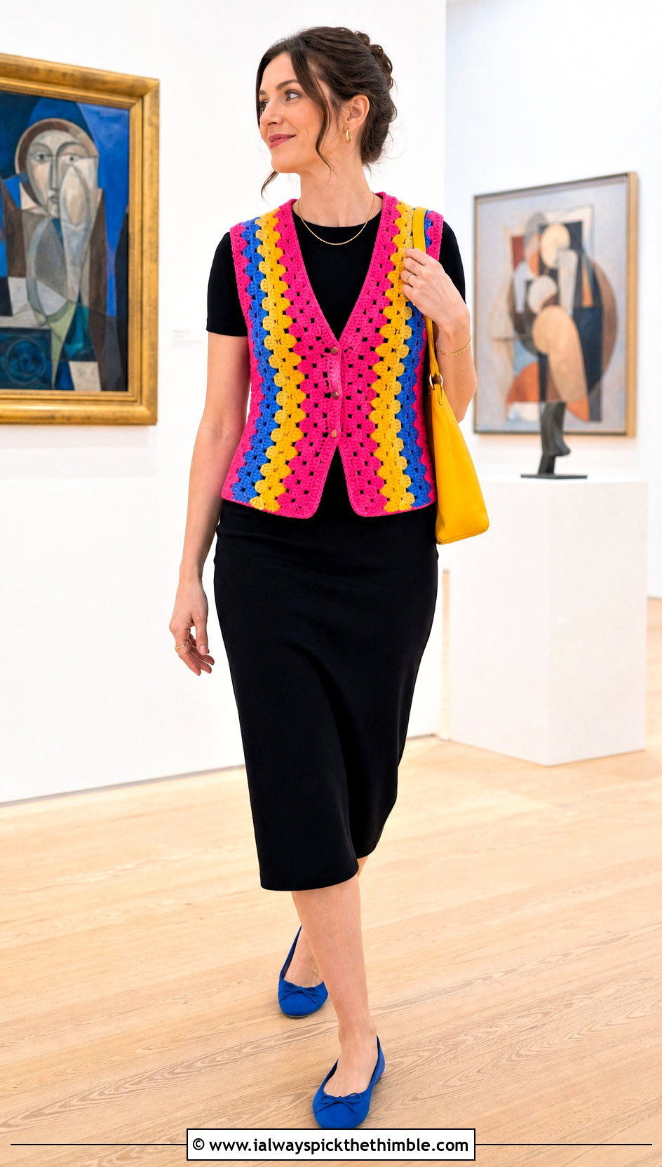 Pansexual Granny Stripe Crochet Vest With Midi Dress - 25 crochet pride top outfit ideas