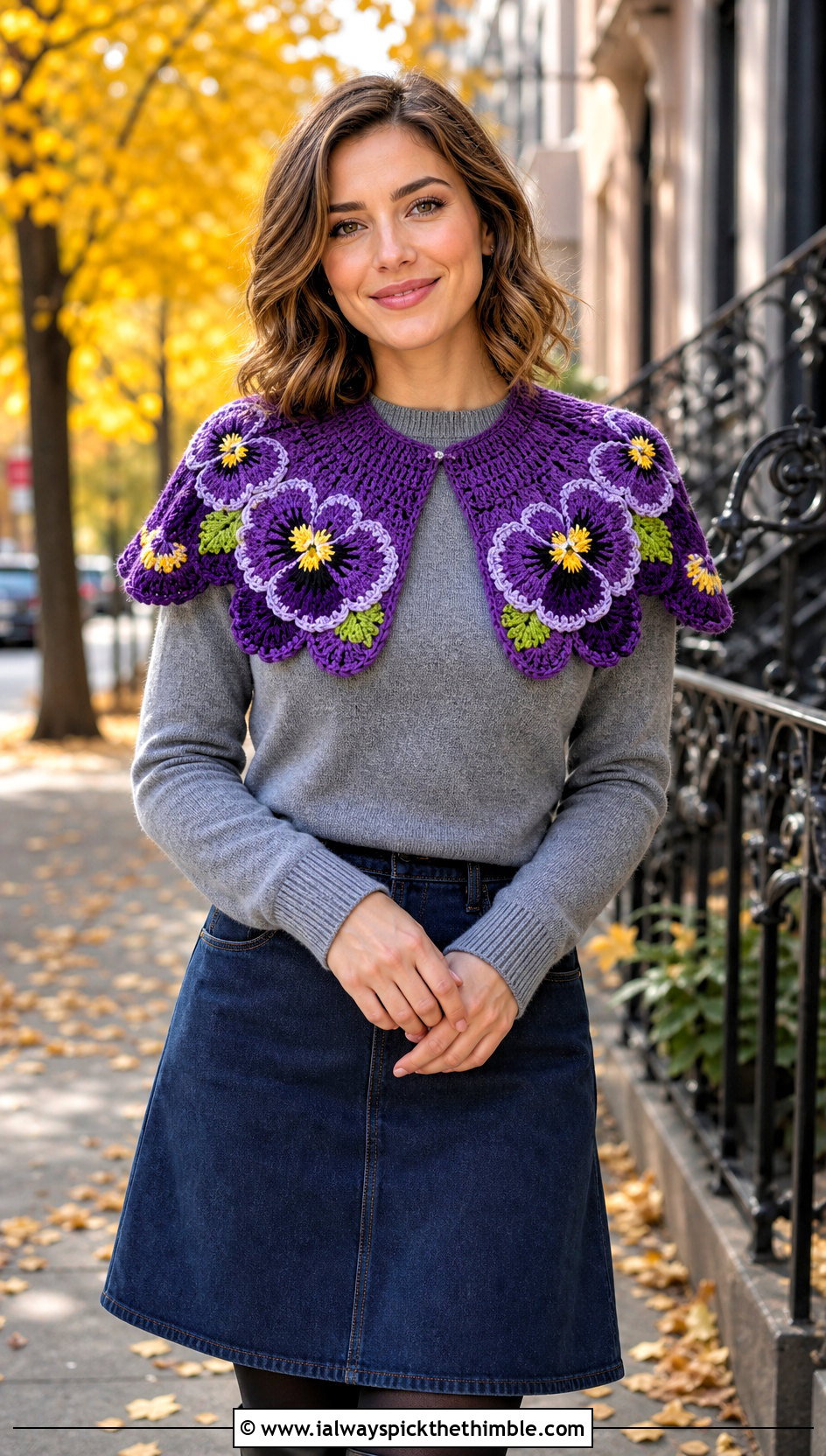 Pansy Capelet Collar With Knit Sweater - 15 handmade floral crochet collar outfit ideas