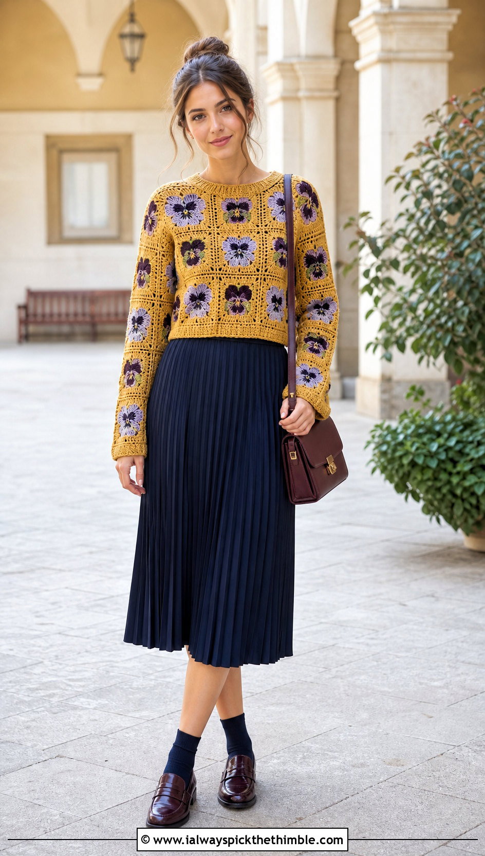 Pansy Granny Square Sweater With Pleated Midi Skirt - 20 flower granny square sweater outfit ideas