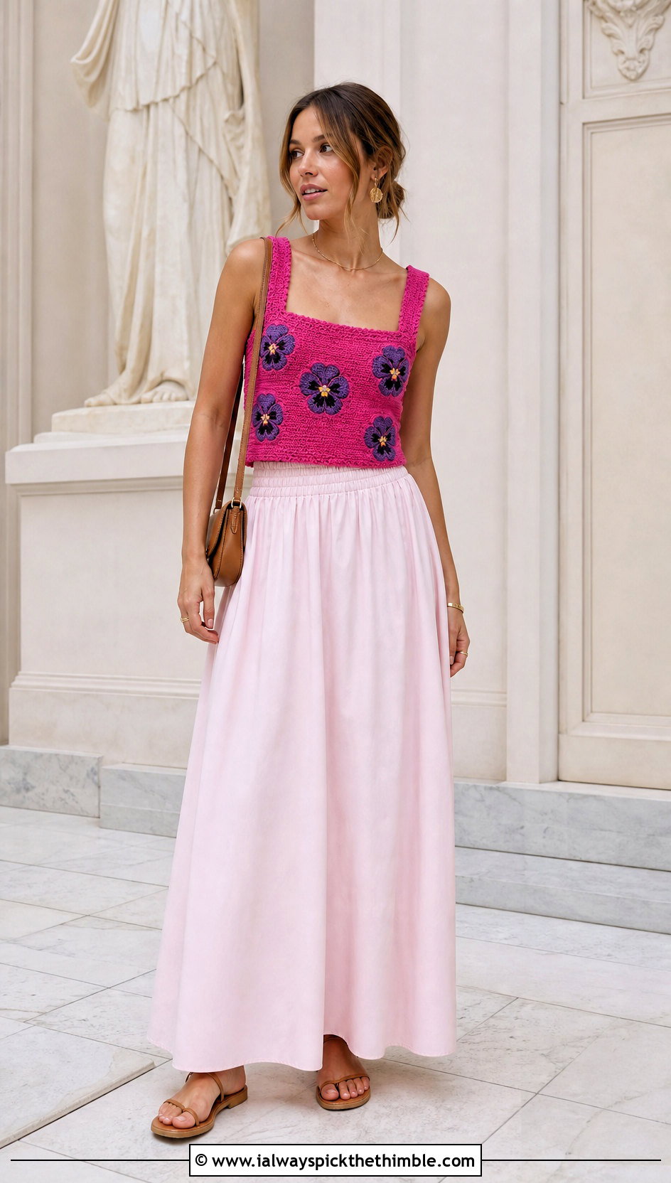 Pansy Square Neck Tank Top With A Poplin Maxi Skirt - 25 crochet flower tank top outfit ideas