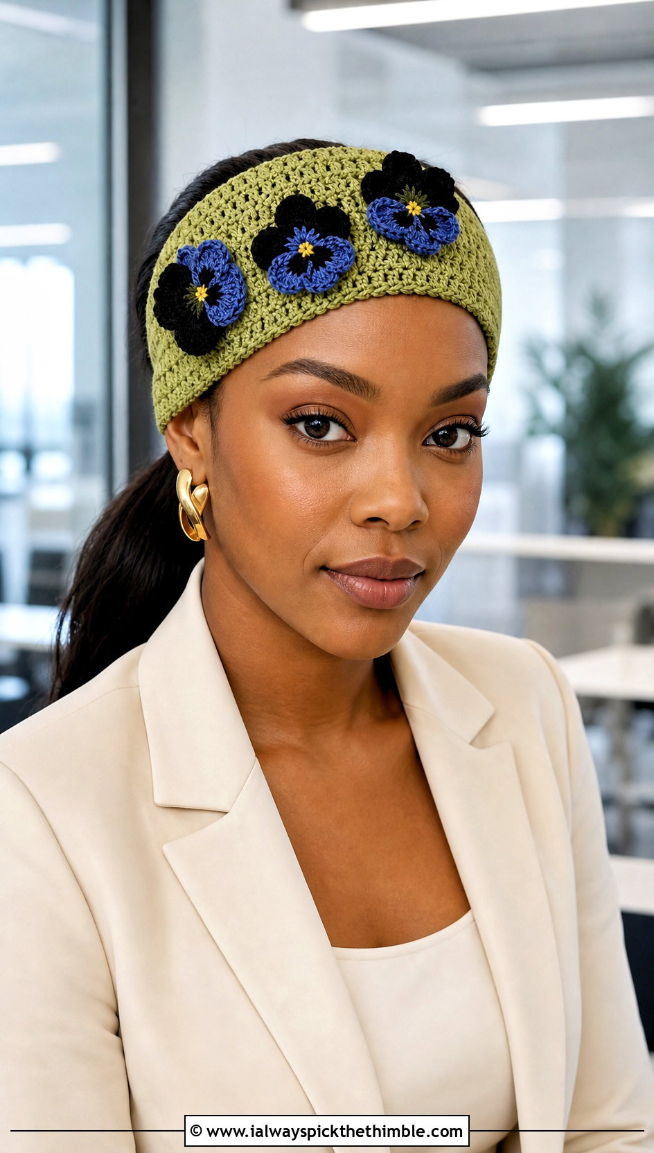 Pansy Wide Crochet Headband With Monochrome Suit - 25 flower crochet headband outfit ideas