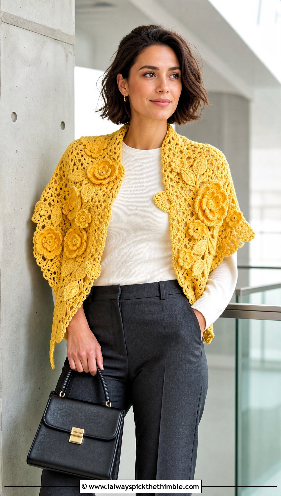 Paper Flowers Crochet Shawl With Tailored Pants - 15 sophie digard crochet shawl outfit ideas