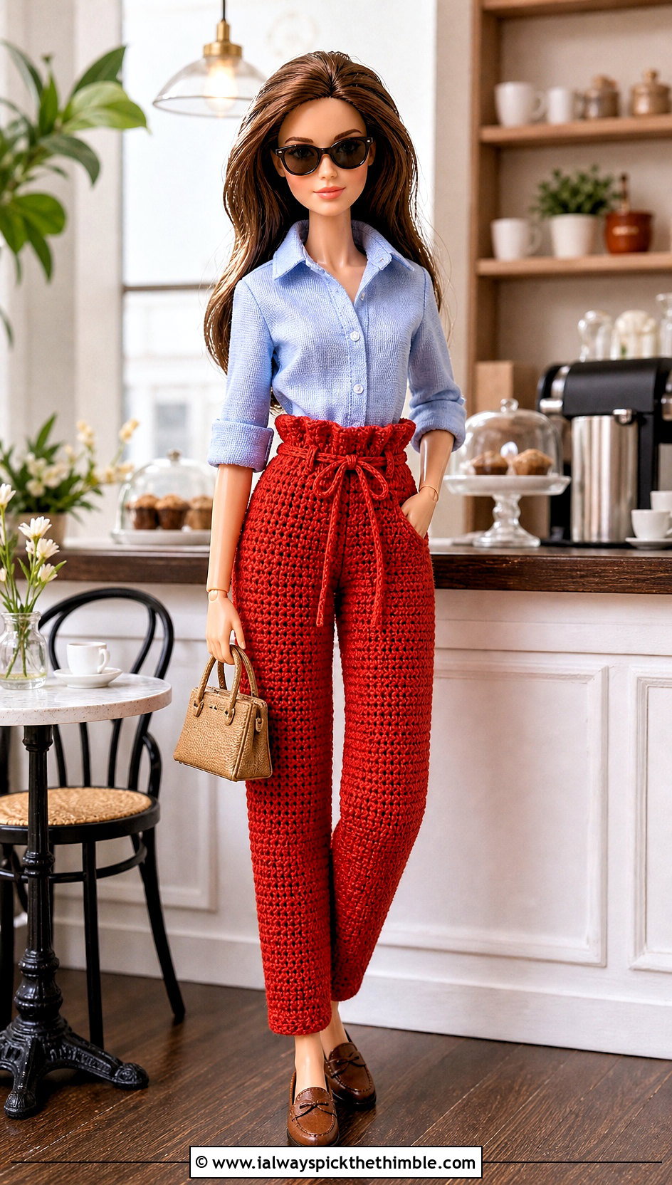 Paperbag Waist Crochet Doll Pants With Button Down Shirt - 20 Crochet Pants For Dolls outfit ideas