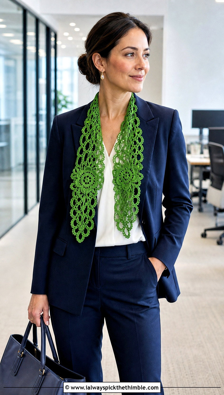 Passion Flower Hairpin Lace Scarf With Tailored Suit - 25 crochet flower scarf outfit ideas