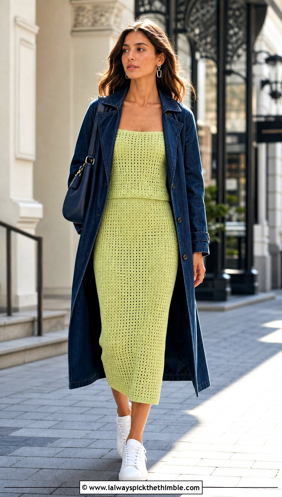 Pastel Crochet Co Ord Set With Denim Trench Coat - 15 Pastel Crochet Clothing Design outfit ideas