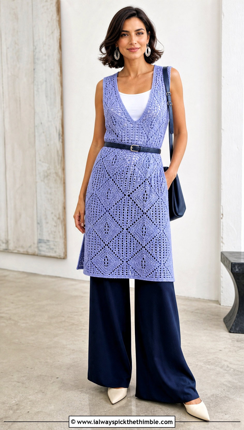 Pastel Crochet Tunic Dress Over Wide Leg Pants - 15 Pastel Crochet Dress Design outfit ideas