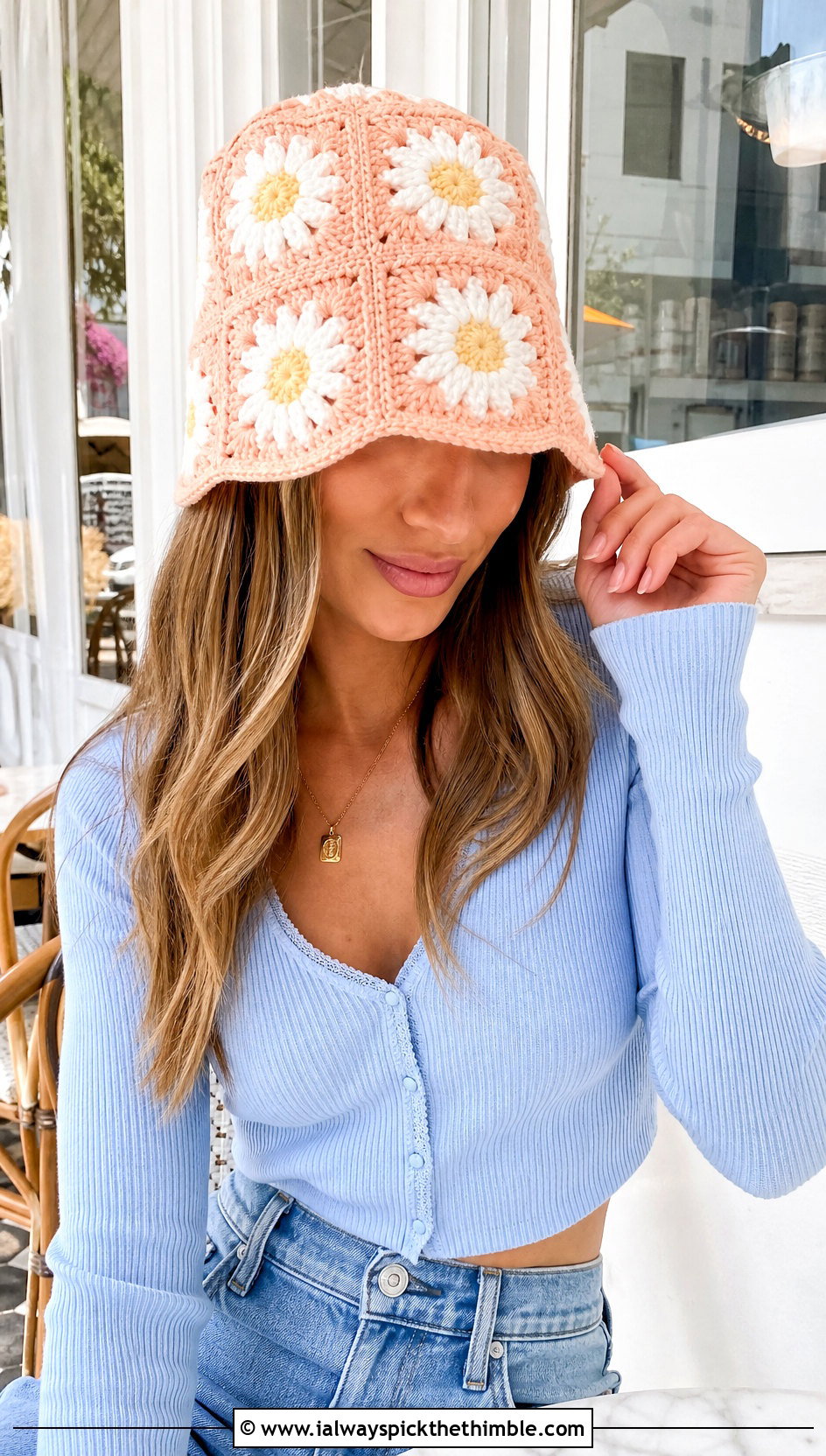 Pastel Daisy Granny Square Bucket Hat With Cardigan And Jeans - 20 daisy crochet bucket hat outfit ideas