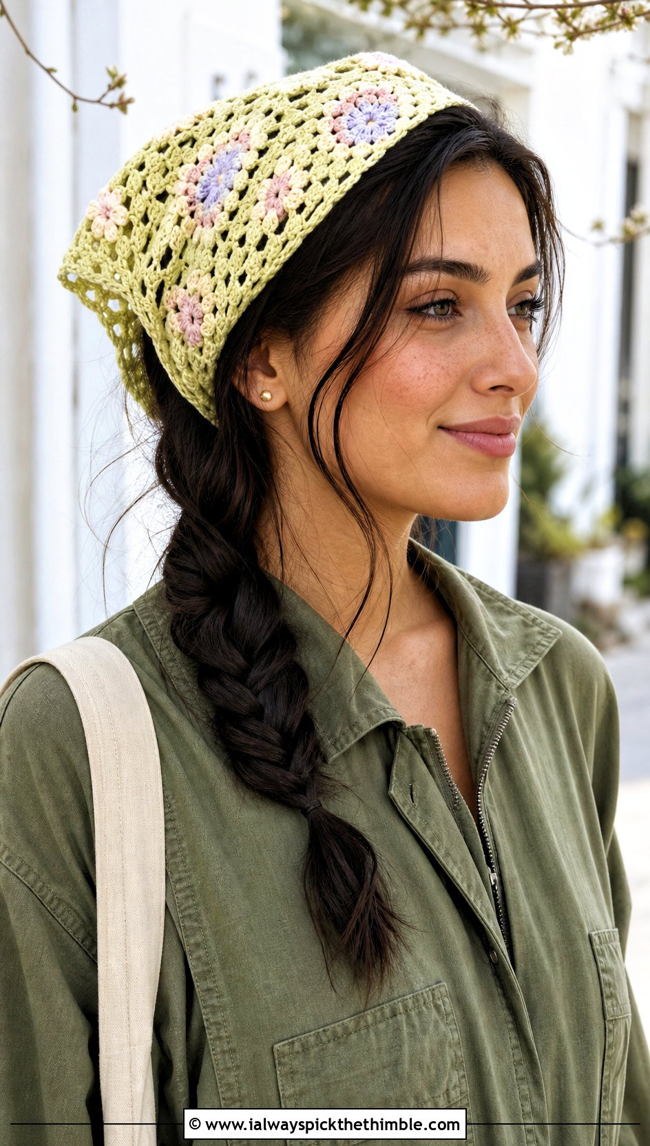 Pastel Floral Granny Square Head Scarf With Utility Jumpsuit - 25 granny square head scarf outfit ideas