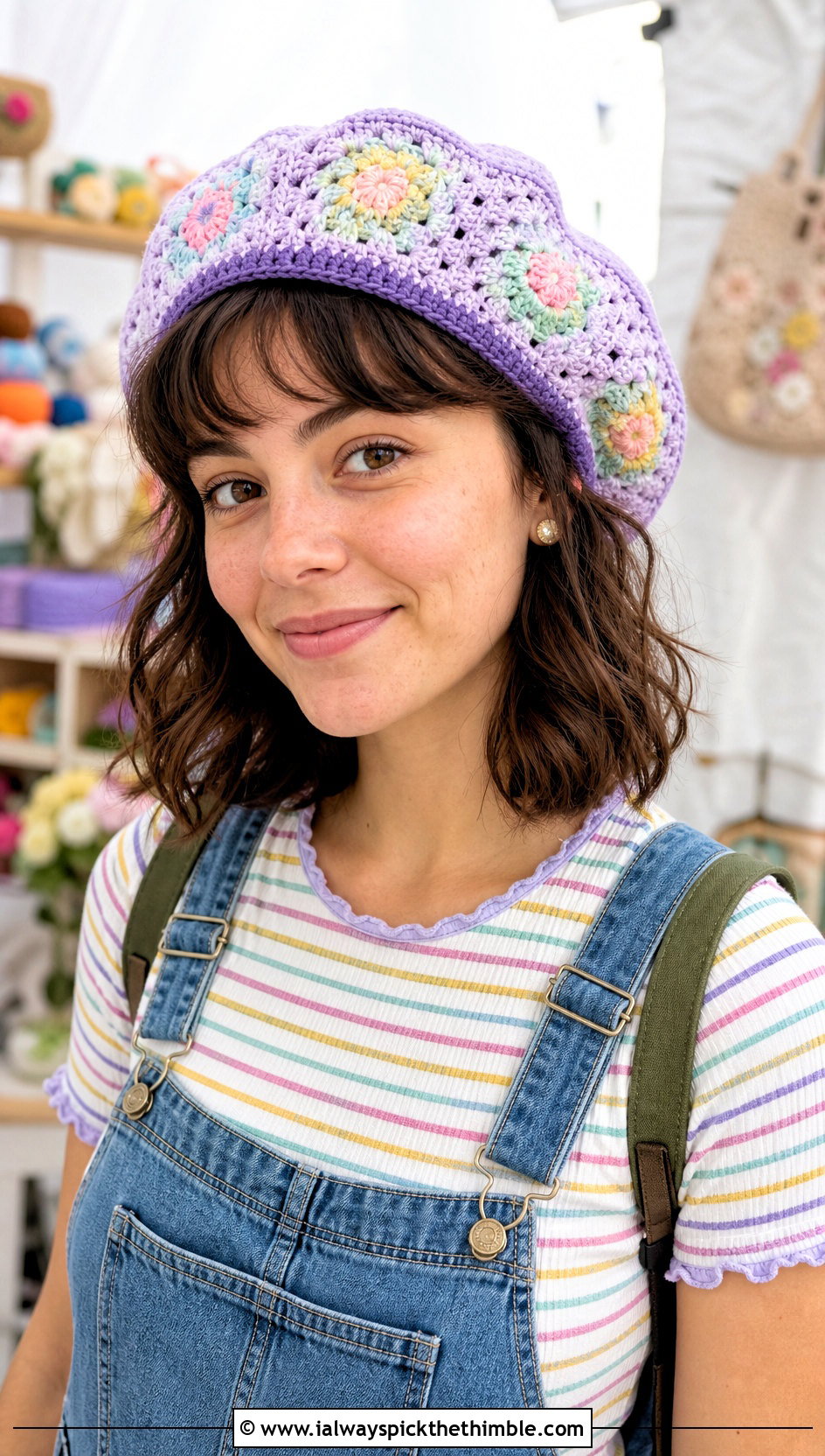 Pastel Granny Square Beret With Denim Overalls - 20 Granny Square Beret outfit ideas