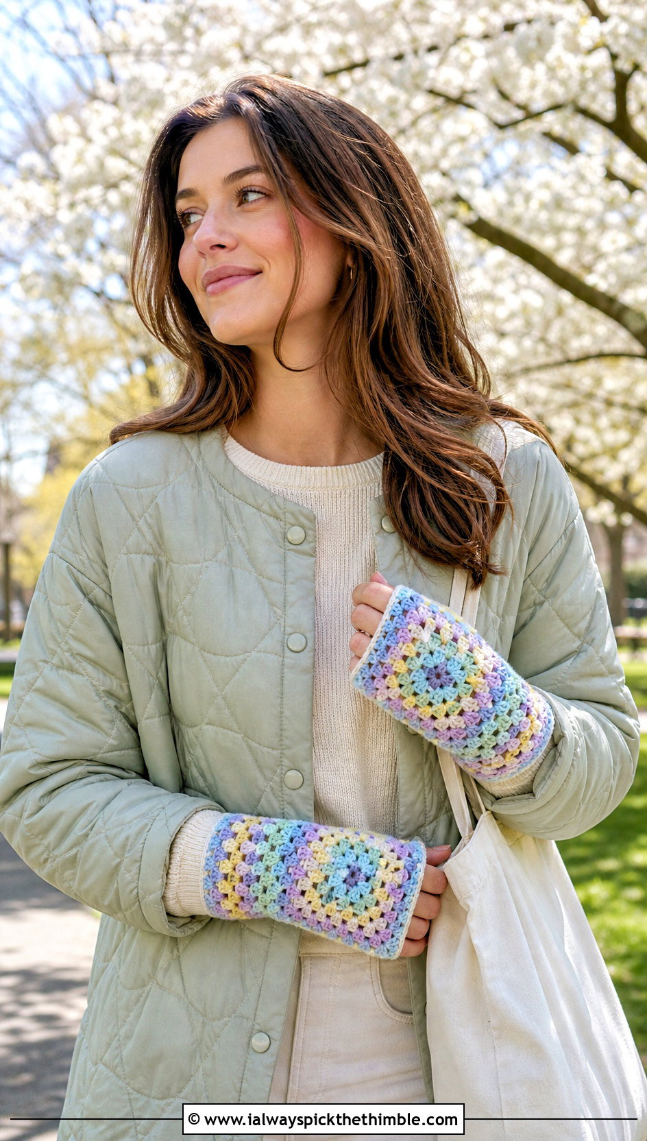 Pastel Granny Square Fingerless Gloves With Quilted Jacket - 25 granny square fingerless gloves outfit ideas