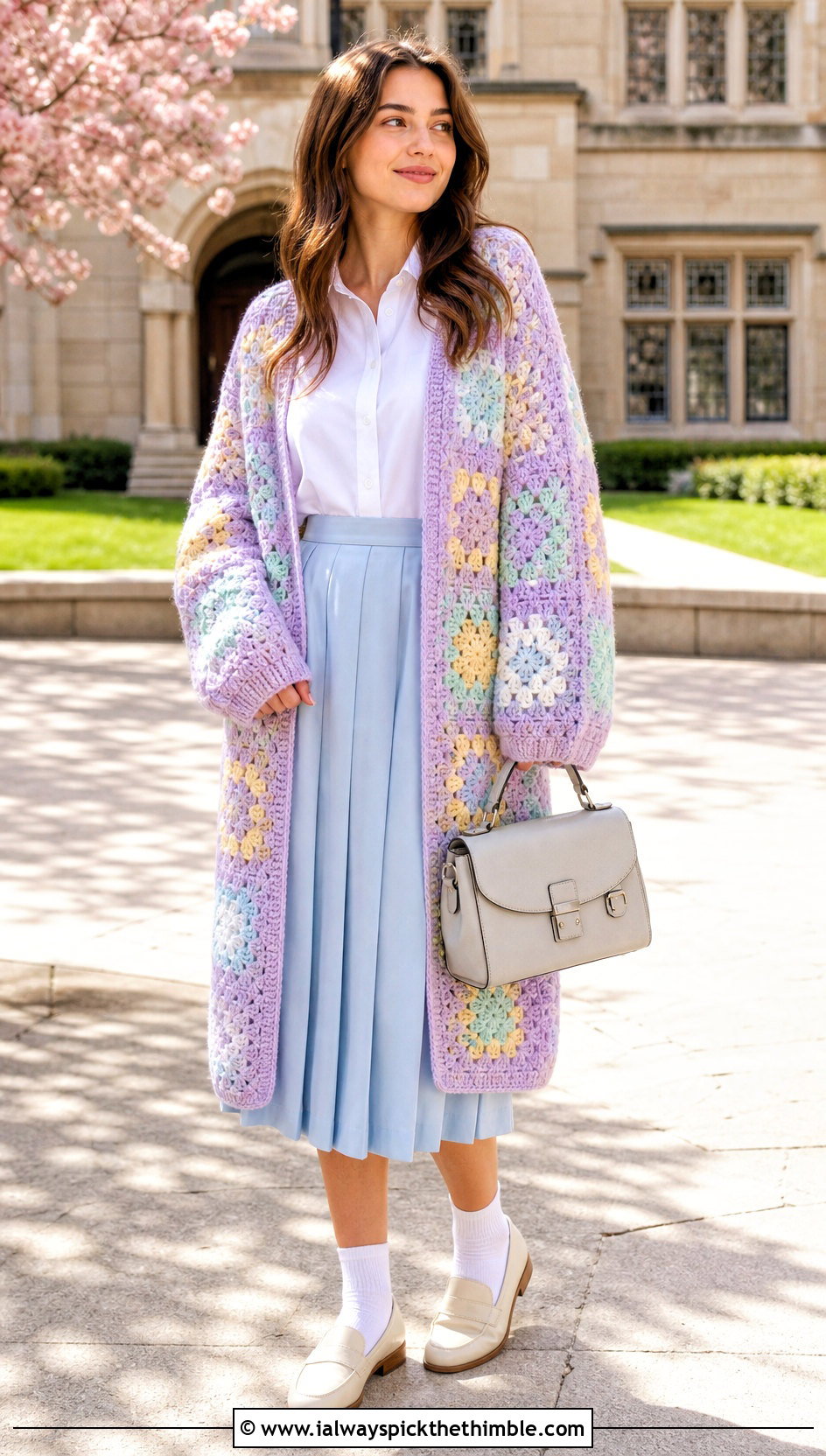 Pastel Granny Square Long Cardigan With Pleated Skirt - 20 granny square long cardigan outfit ideas