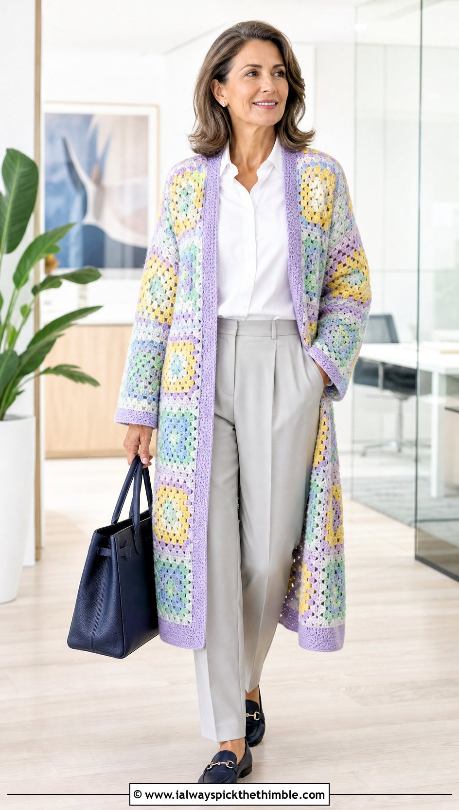 Pastel Granny Square Long Cardigan With Pleated Trousers - 20 crochet granny square long cardigan outfit ideas