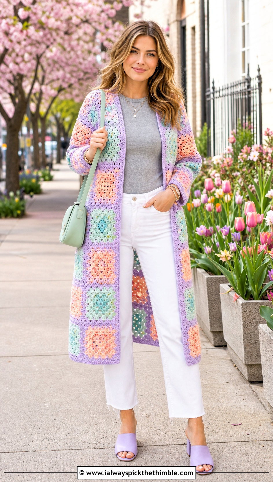 Pastel Granny Square Long Cardigan With White Denim - 25 long granny square cardigan outfit ideas