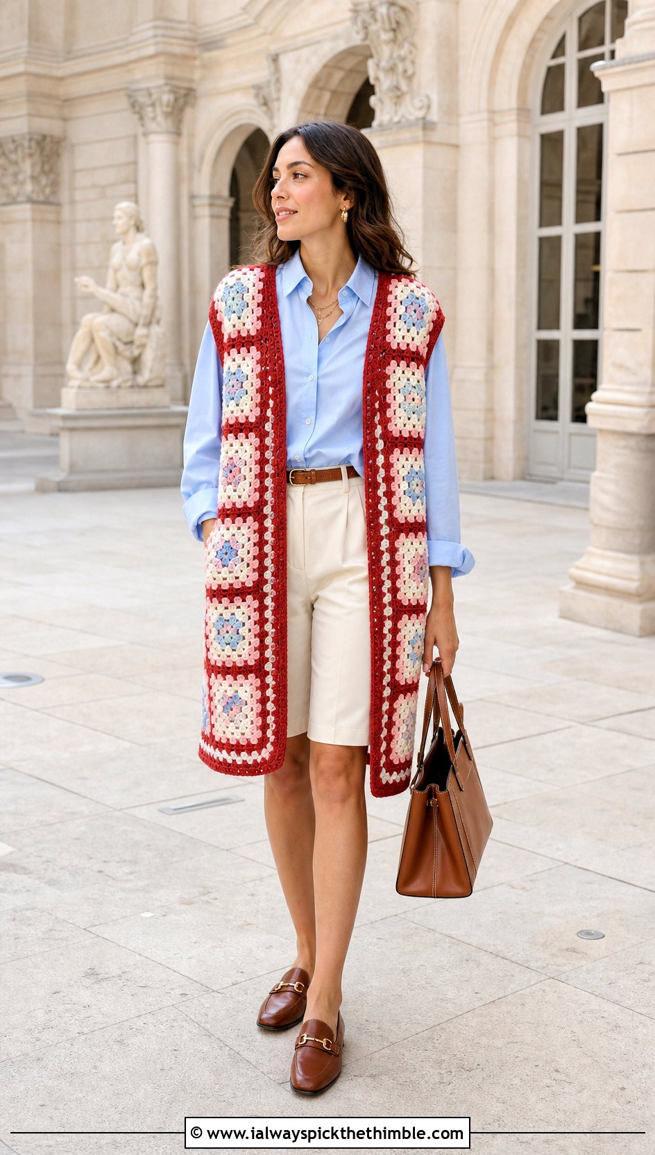 Pastel Granny Square Long Vest With Oxford Shirt And Bermuda Shorts - 20 Granny Square Long Vest outfit ideas