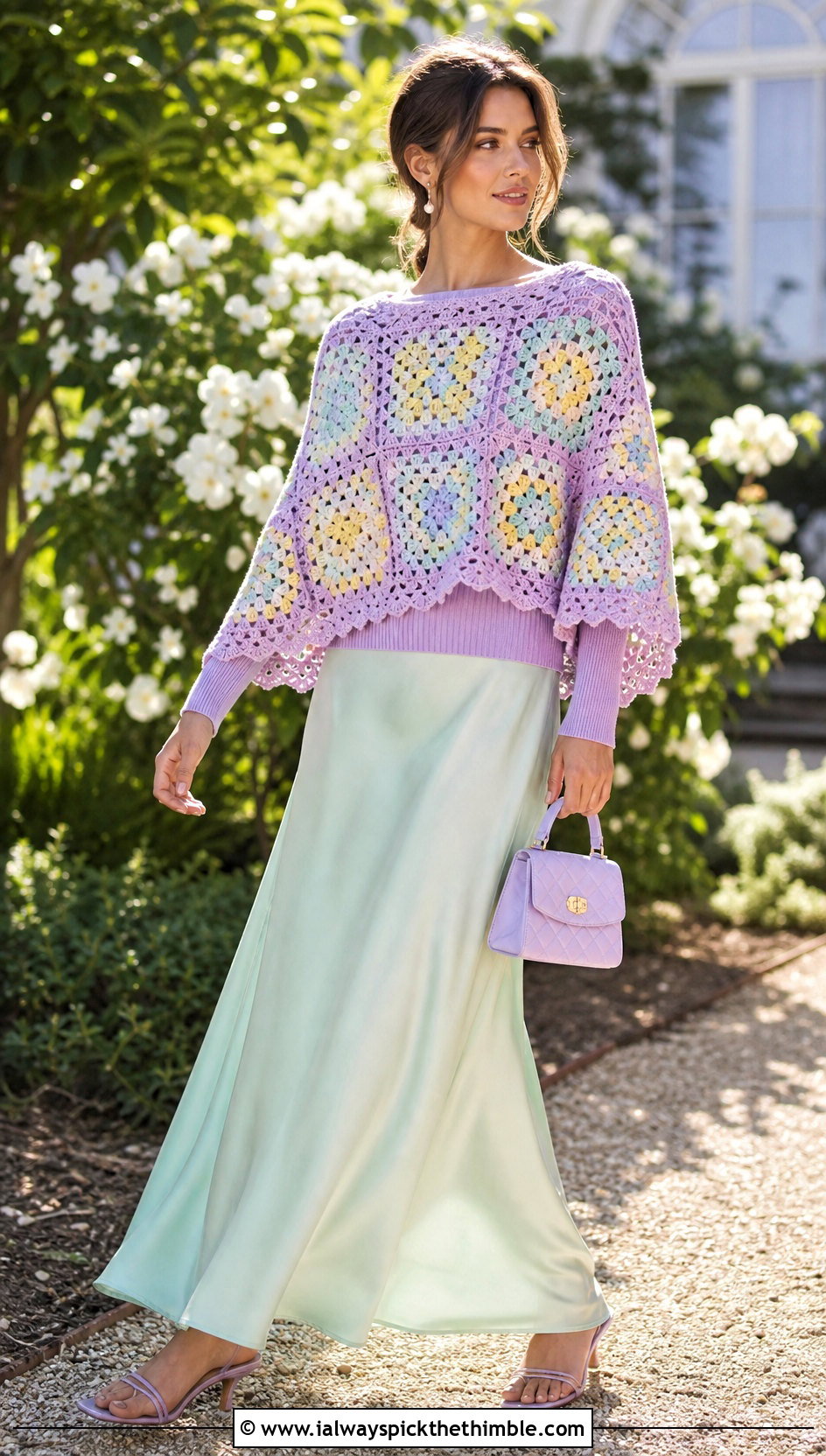 Pastel Granny Square Poncho With Satin Maxi Skirt - 25 crochet granny square poncho outfit ideas