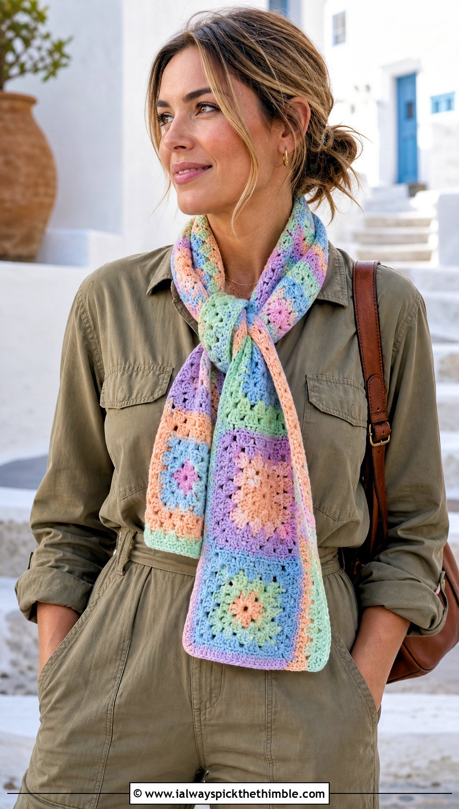 Pastel Granny Square Scarf With Utility Jumpsuit And Sneakers - 20 crochet granny square scarf outfit ideas