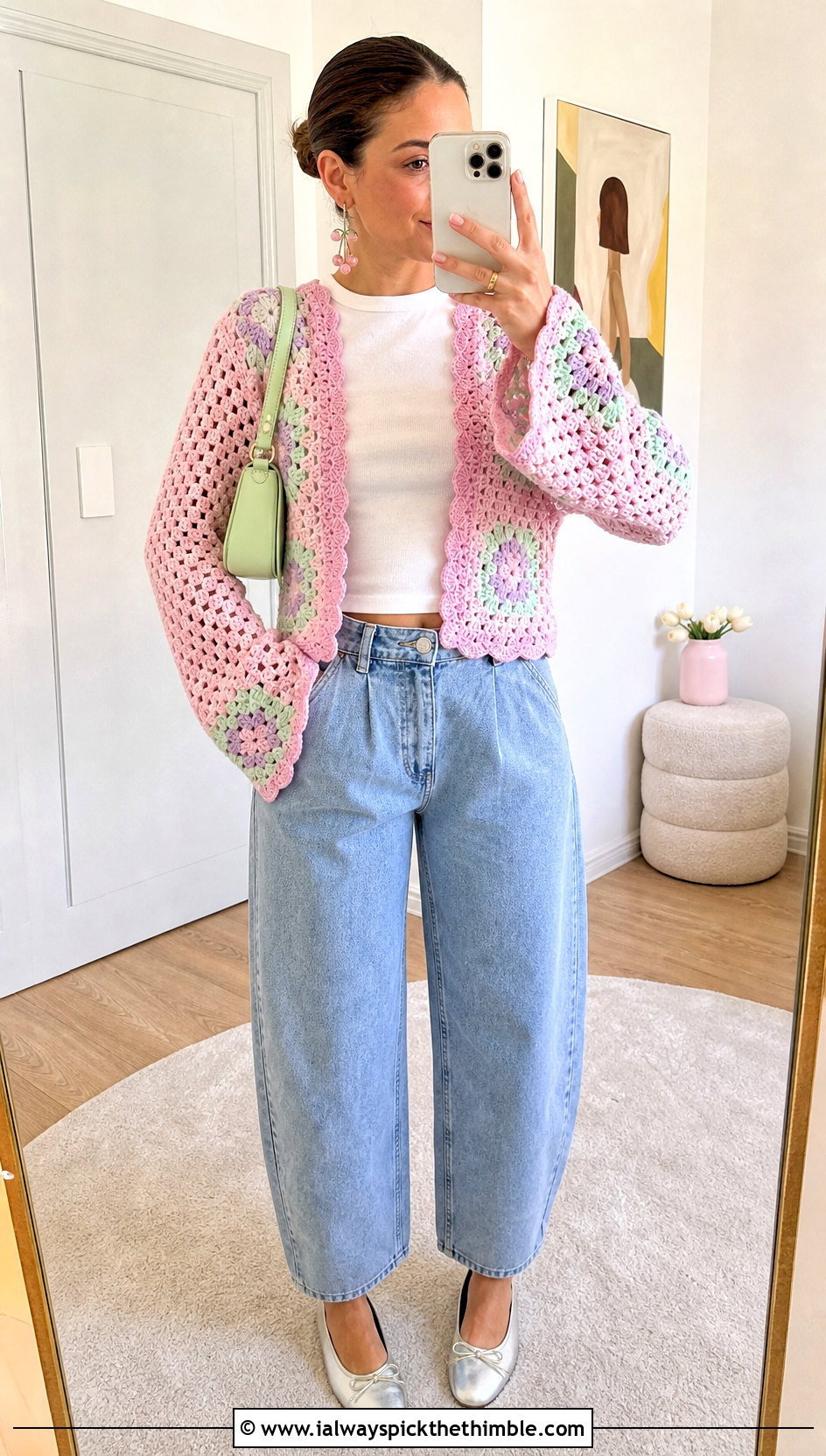 Pastel Granny Square Shrug With Barrel Jeans - 20 Crochet Granny Shrug outfit ideas