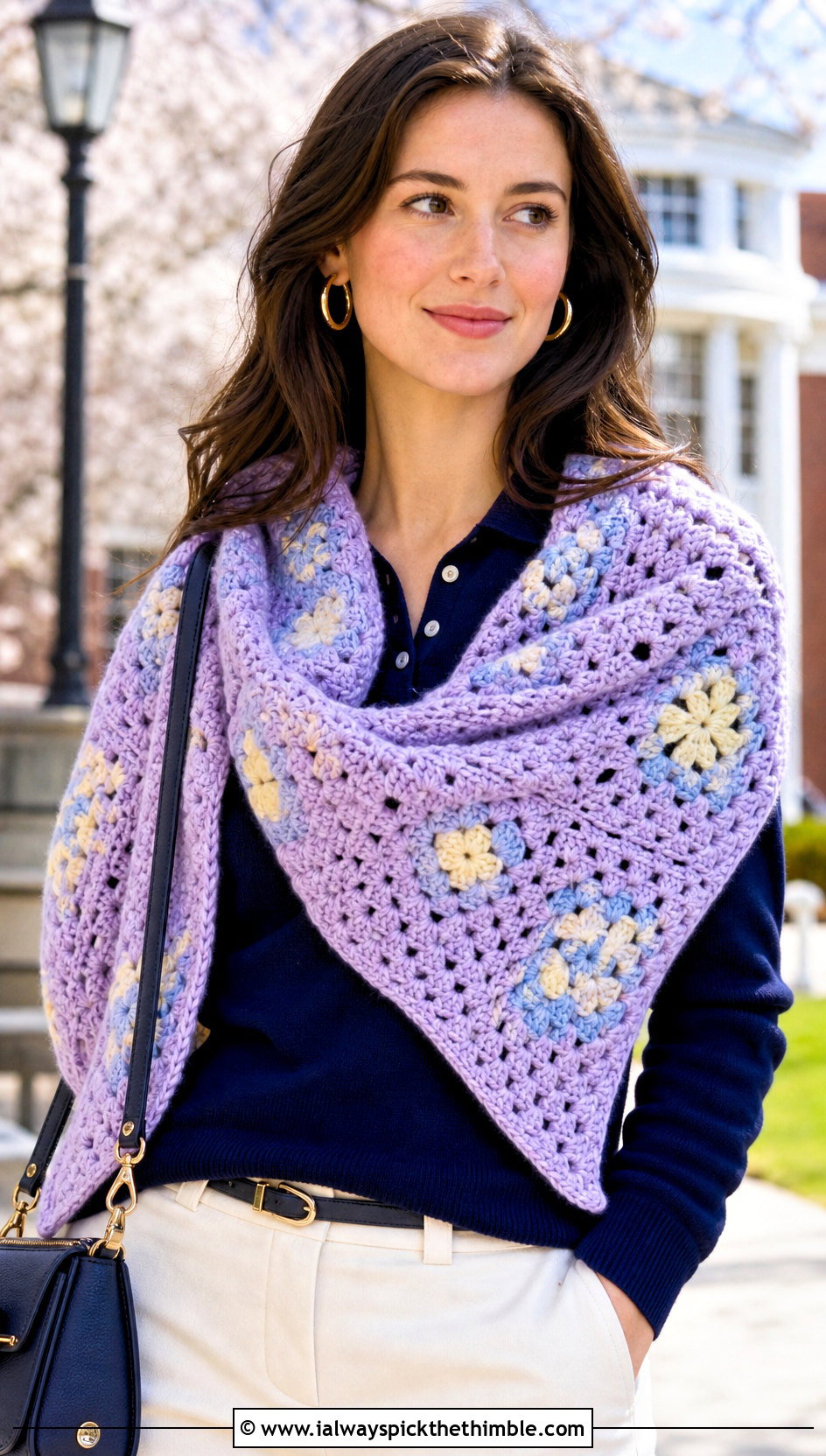 Pastel Granny Square Triangle Shawl With Polo Sweater And Chinos - 20 granny square triangle shawl outfit ideas