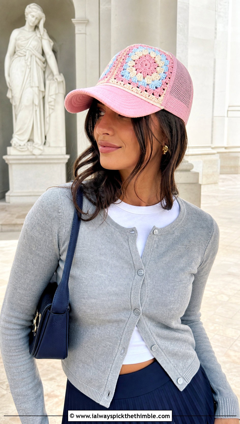 Pastel Granny Square Trucker Hat With Cardigan And Pleated Skirt - 25 granny square trucker hat outfit ideas