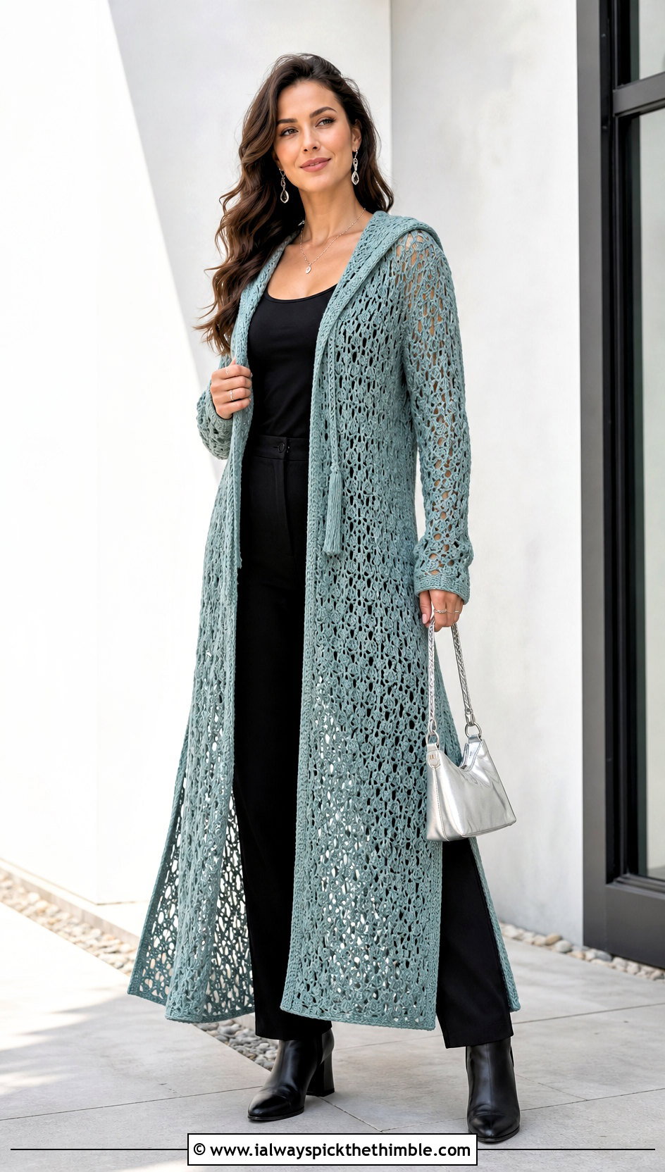 Pastel Hooded Crochet Duster With Black Column Outfit - 15 Pastel Crochet Clothing Design outfit ideas