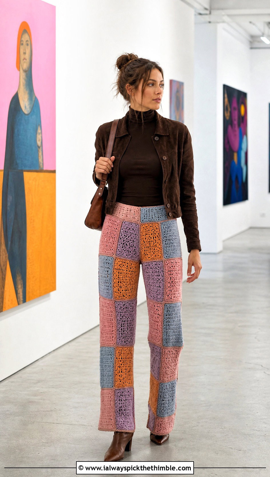 Pastel Patchwork Crochet Pants With Fitted Turtleneck - 15 Pastel Crochet Clothing Design outfit ideas