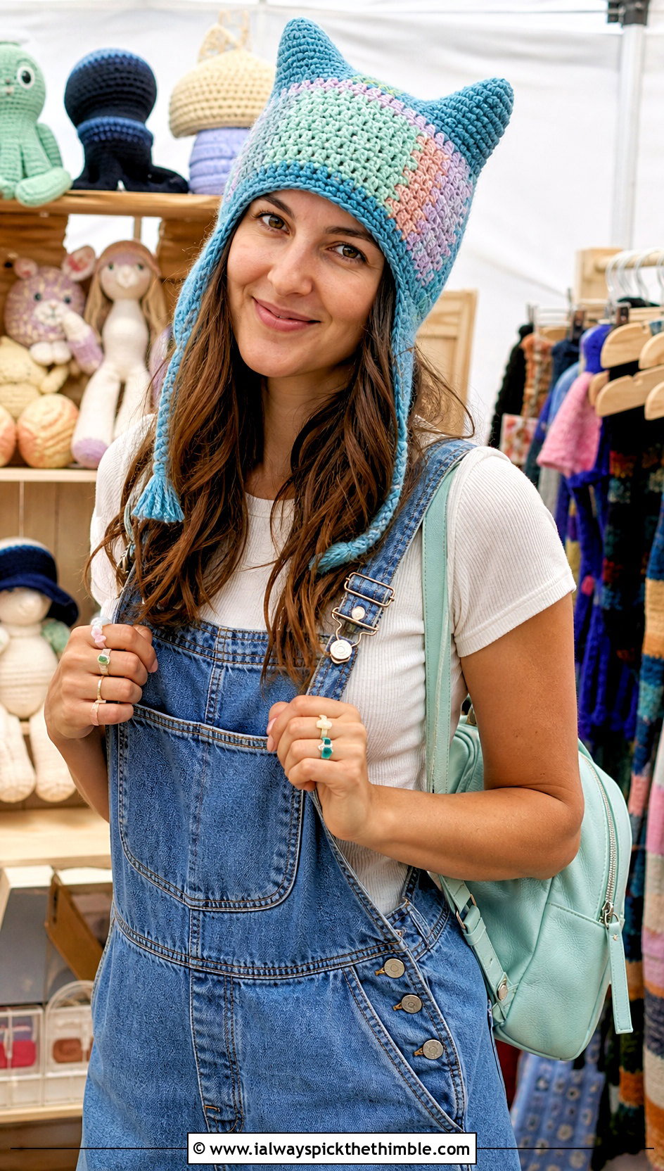 Pastel Patchwork Finn Hat With Denim Overalls - 25 crochet finn hat outfit ideas
