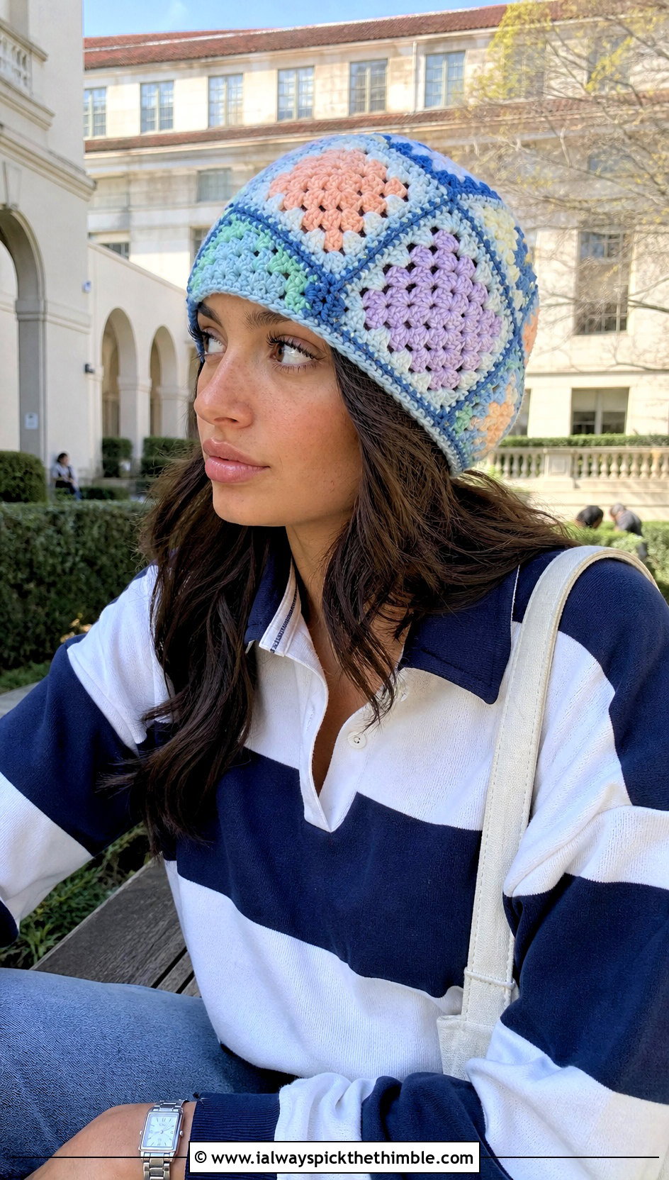 Pastel Patchwork Granny Square Crochet Beanie With Rugby Shirt - 20 granny square crochet beanie outfit ideas